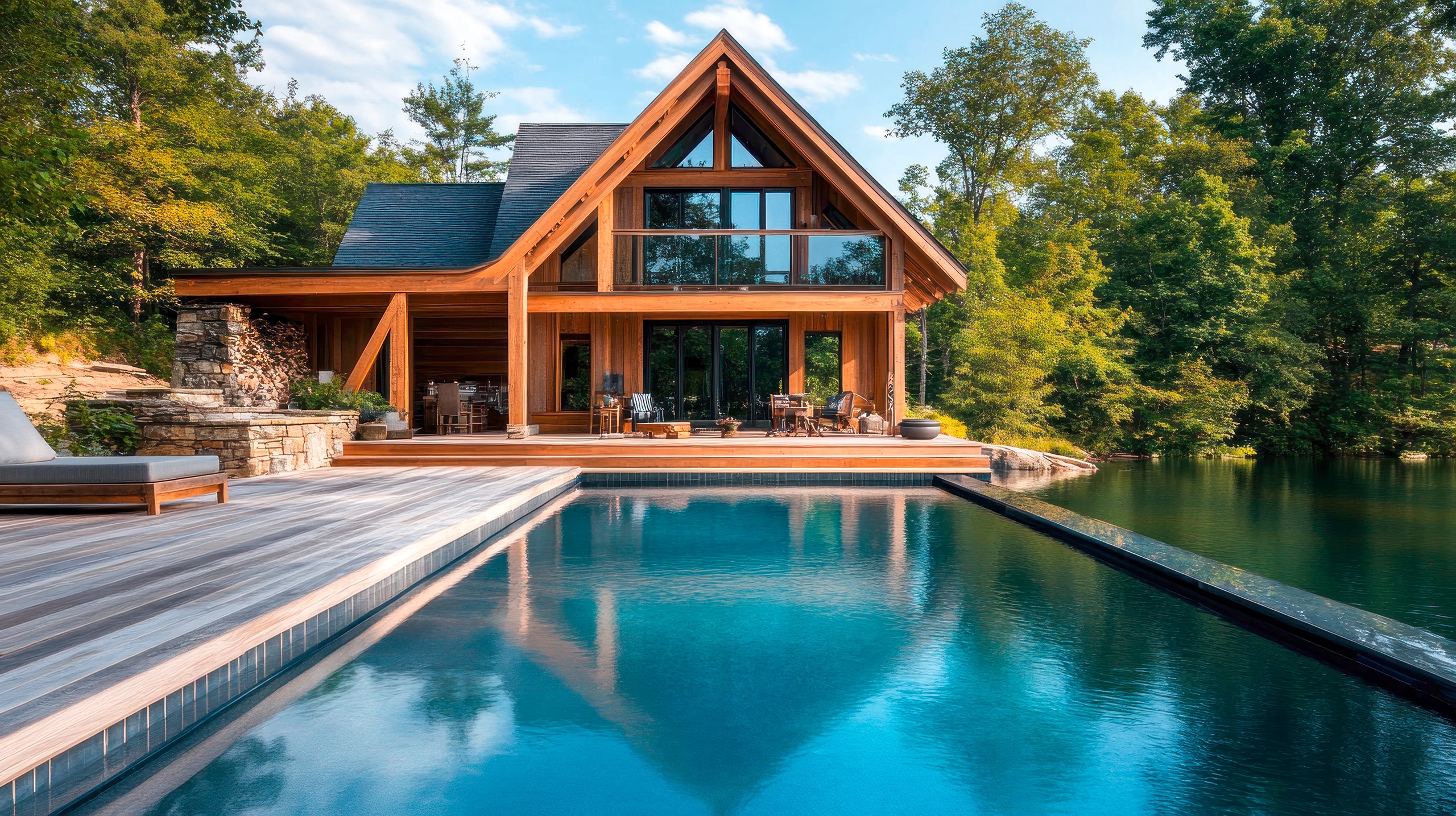 Luxuriöse modernes Massivholz-Chalet mit Pool und großzügigem Terrassenbereich aus Holzdielen, sowie Blick auf einen See.