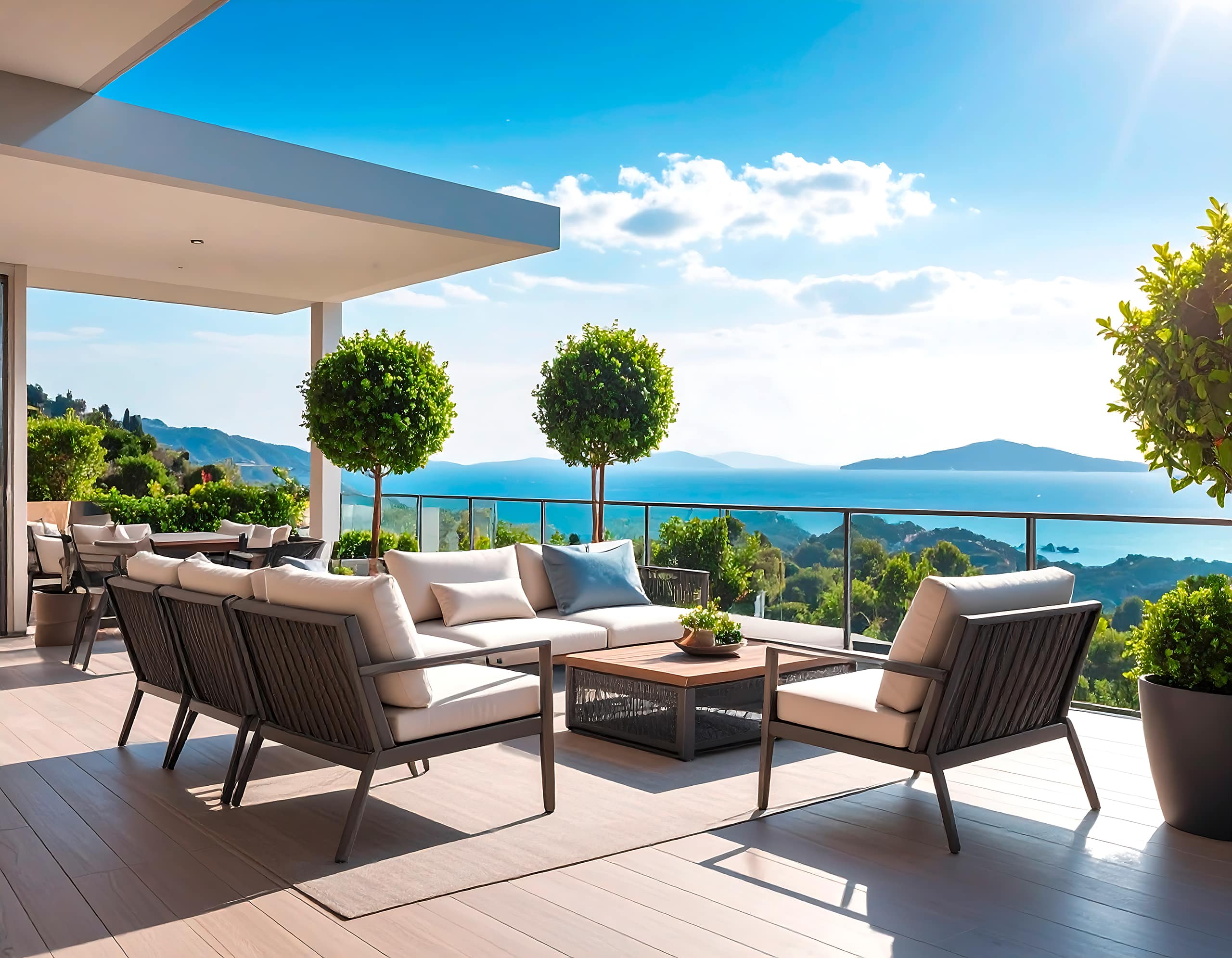 Moderne, großzügige Dachterrasse mit Glasgeländer und einladenden Lounge-Möbel zum Sitzen mit Blick auf das Meer.