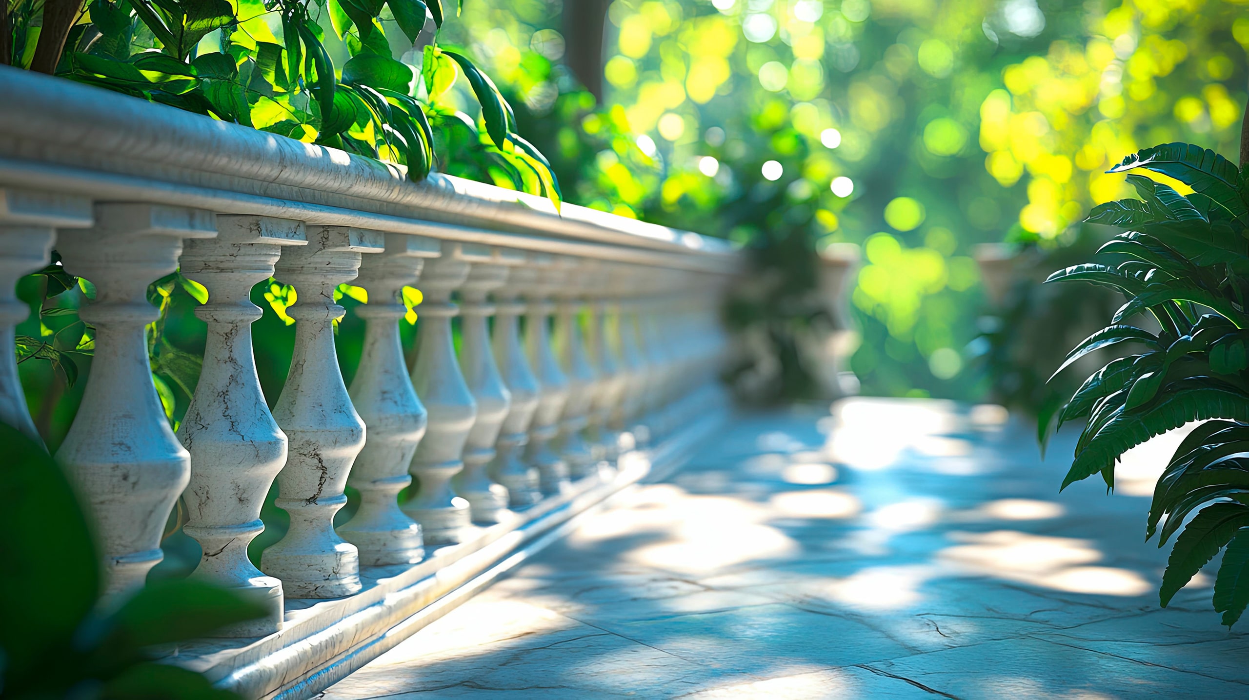 Elegante Marmorbalustrade in einer üppigen Gartenumgebung.