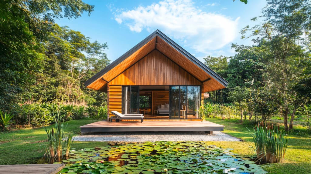 Kleines, modernes und exklusives Gartenhaus (Kleingartenhaus, Minihaus, Tiny House, Modulhaus) aus Holz mit Satteldach, einer kleinen Terrasse an der Vorder- und den Seitenwänden, einem Garten im thailändischen Stil sowie natürlichen Materialien wie Holz und Stein für die Außenwände. - KI-generiert
