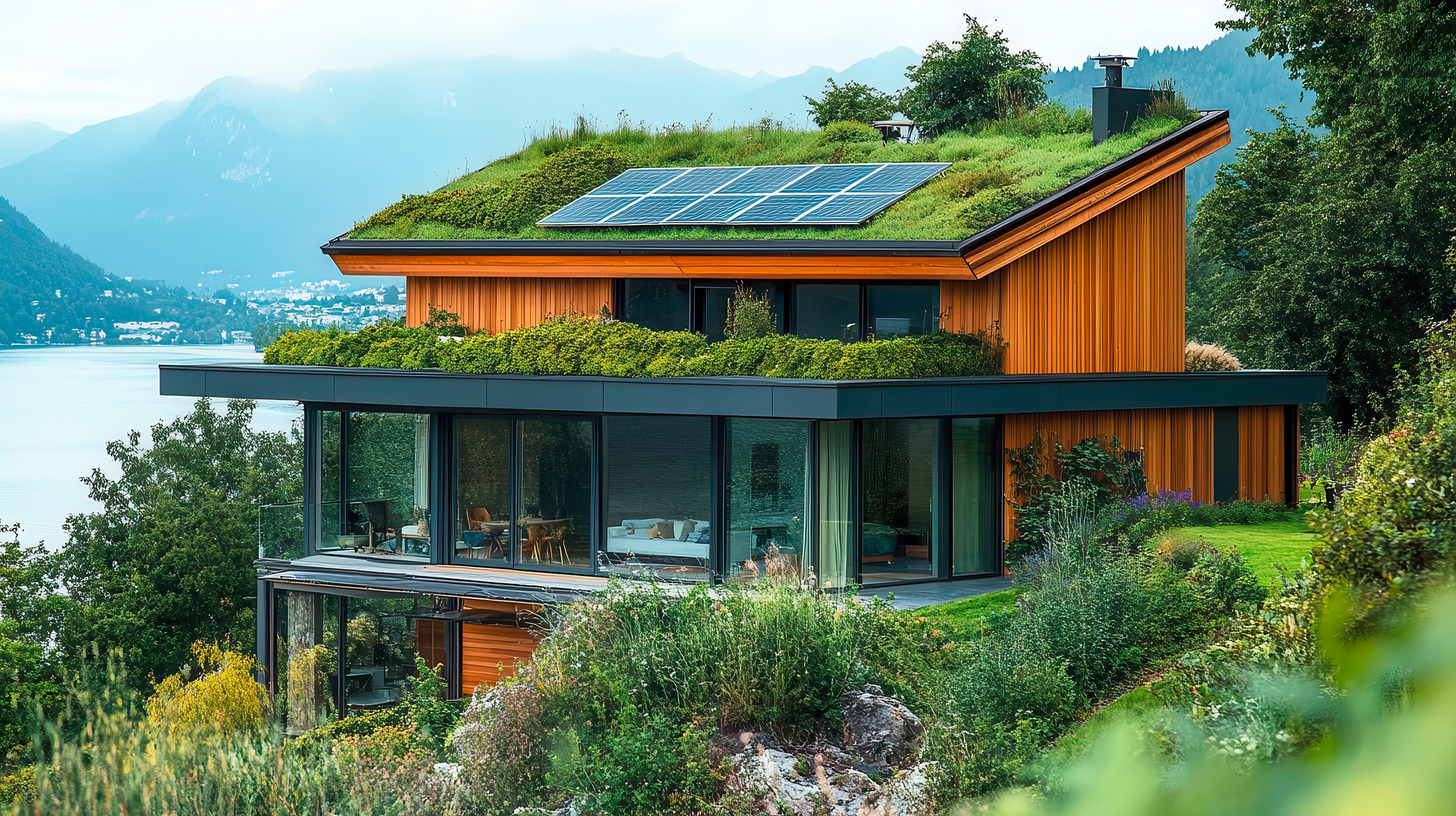 Energieeffizientes Haus mit Gründach und Sonnenkollektoren, umweltfreundliche Architektur, sauberes Design.