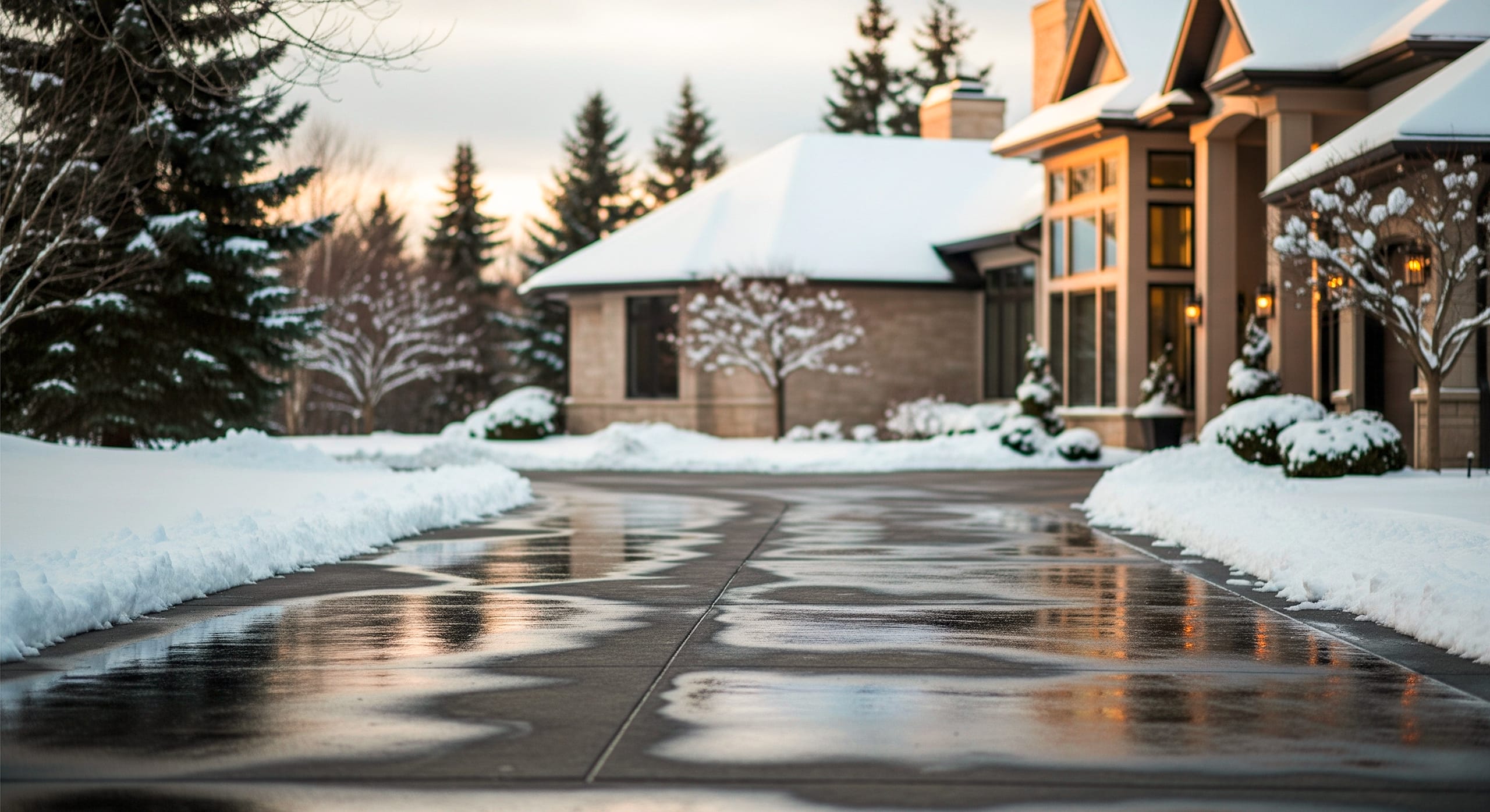 Nahaufnahme einer beheizten Zufahrt zu einem luxuriösen Haus im Winter.