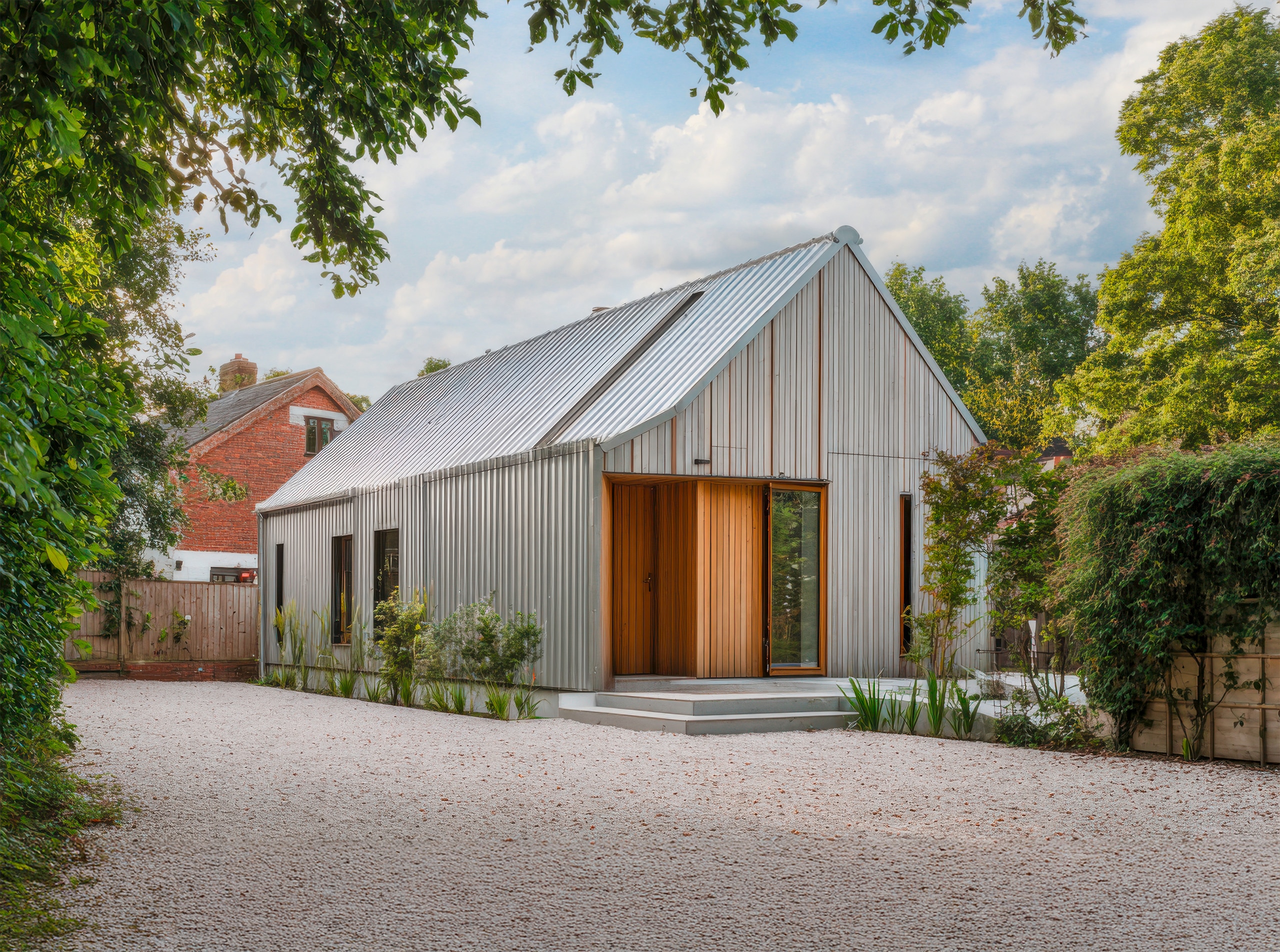 Moderne Architektur verschmilzt mit der Natur in einem nachhaltigen Haus mit einer Fassade aus Lärchenholz und einem Metalldach aus eloxiertem Aluminium, das am Nachmittag in einem ruhigen Wohngebiet von Grün umgeben ist.