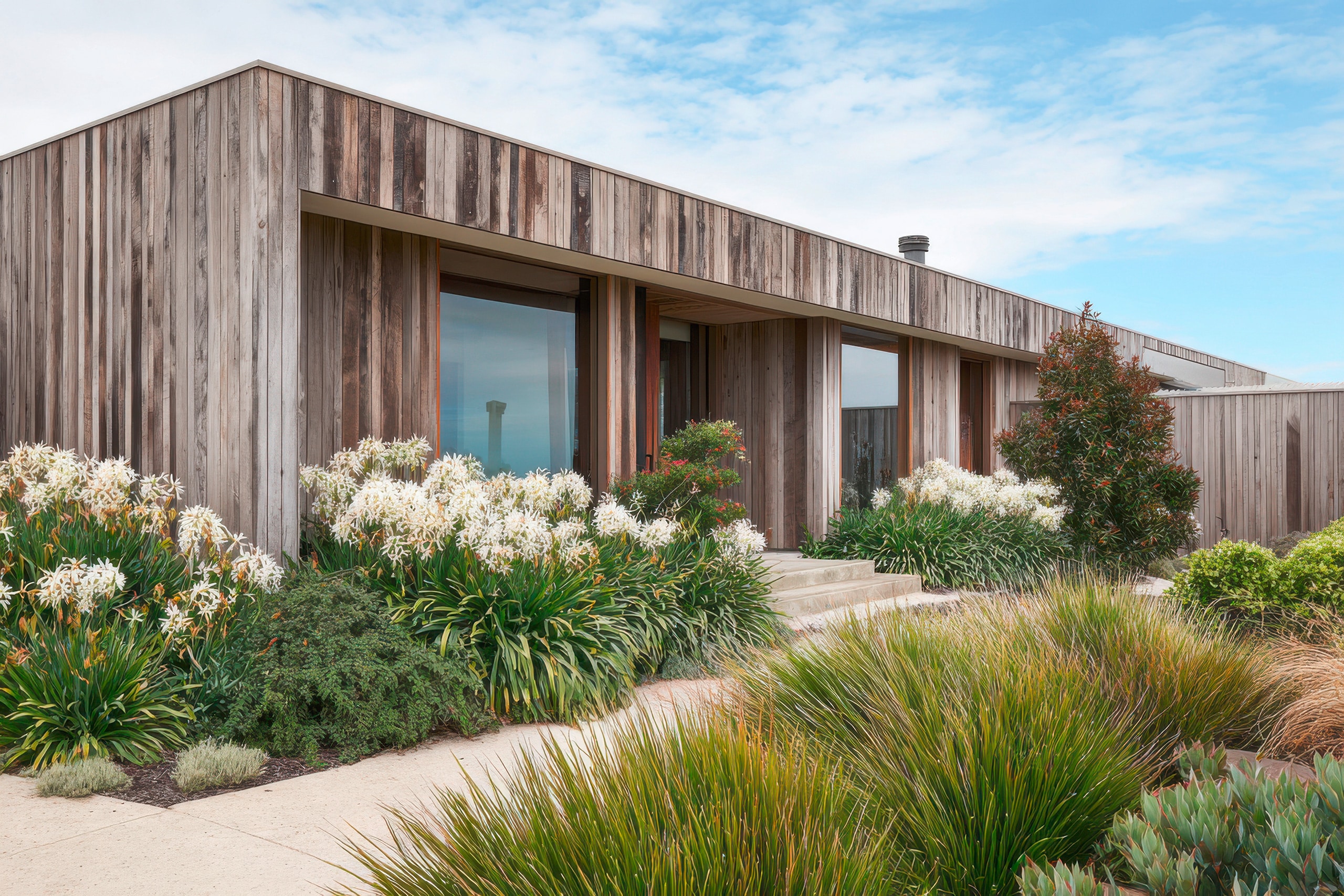 Nachhaltiges Holzhaus mit großen Fenstern und einem gepflegten Garten voller farbenprächtiger Pflanzen. An einem sonnigen Tag fügt sich das Haus harmonisch in die natürliche Landschaft ein.