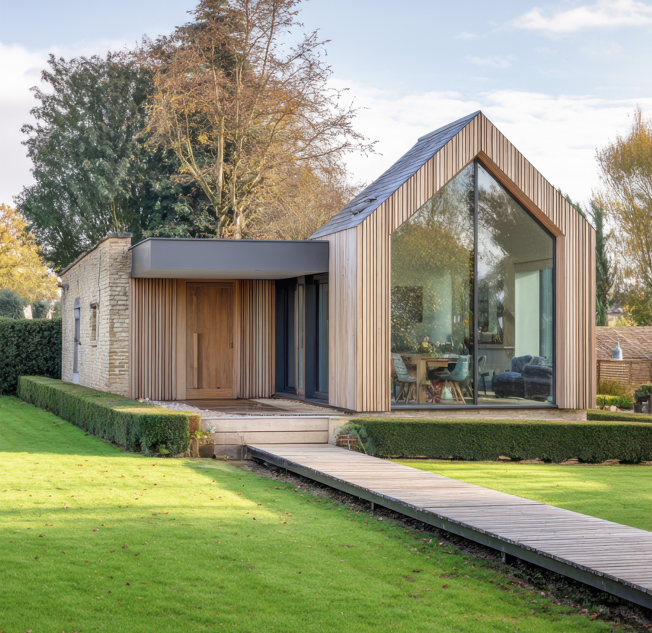 Modernes Holzhaus besticht durch sein kantiges Design und große Glasfenster. Es liegt in einer ruhigen Gegend mit üppigen Rasenflächen und altem Baumbestand unter strahlend blauem Himmel. - KI-generiert