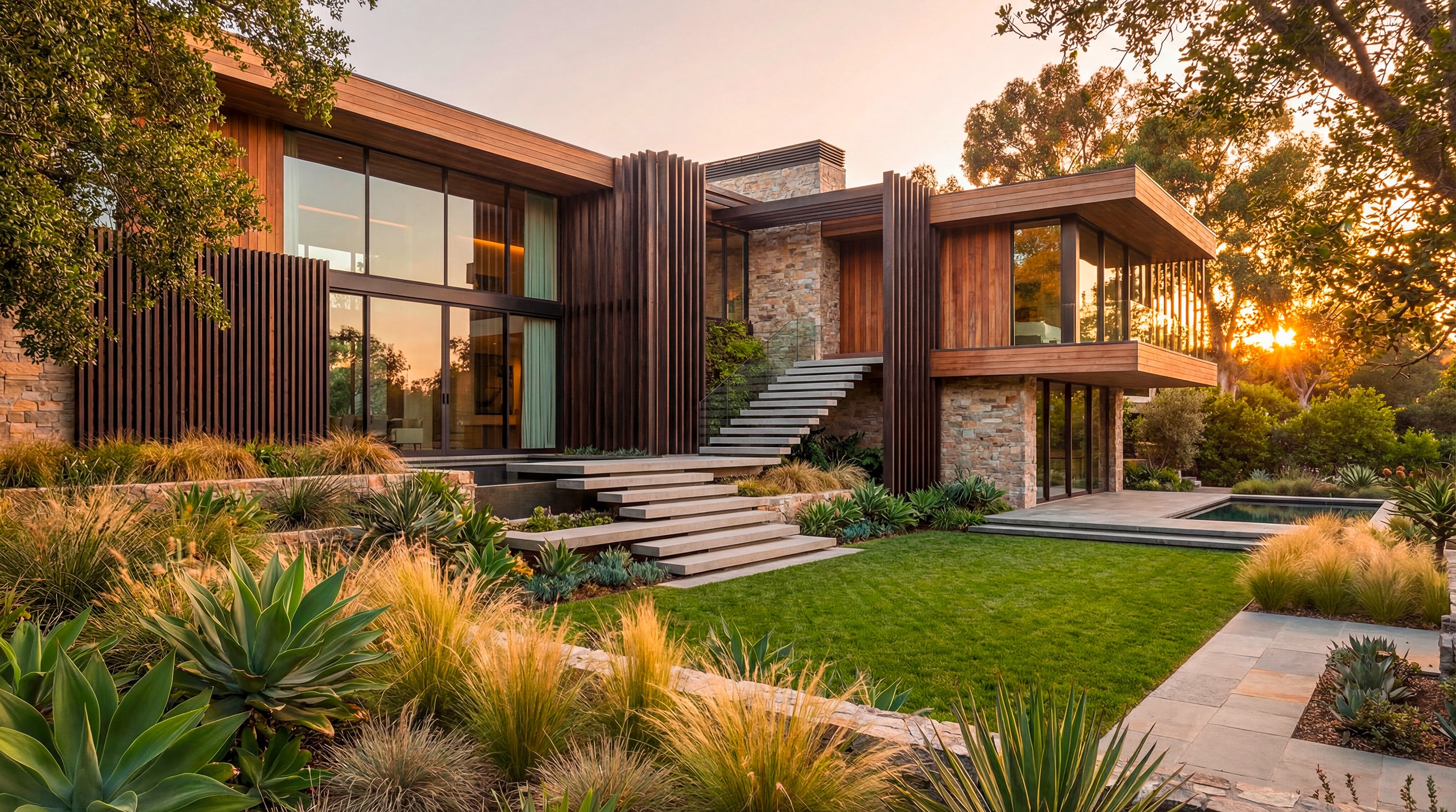 Zeitgemäßes, umweltfreundliches Hausdesign mit Naturstein und Vollholzbereichen, Holzverkleidung und ansprechender Landschaftsgestaltung.