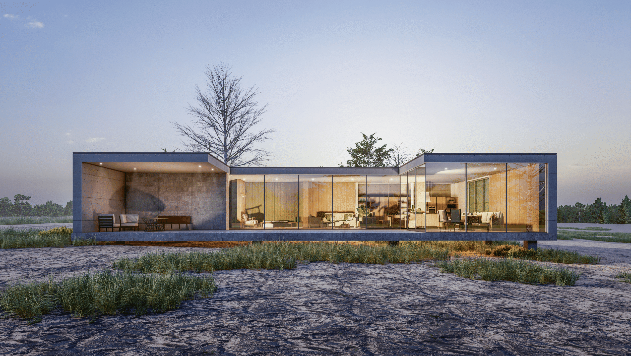 Modernes, eingeschossiges Betongebäude mit Flachdach, Ganzglas-Lösung im gesamten Vorderbereich und großzügiger, überdachter Terrassenbereich.