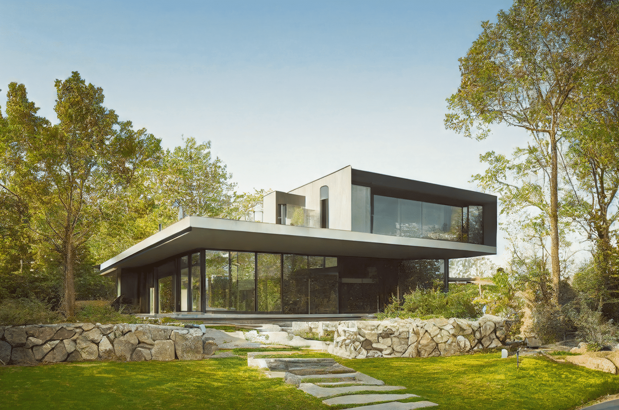 Puristisches, zweigeschossiges Flachdach-Haus aus Beton mit großflächigen Ganzglas-Elementen in einem großen Garten mit Natursteinmauer.