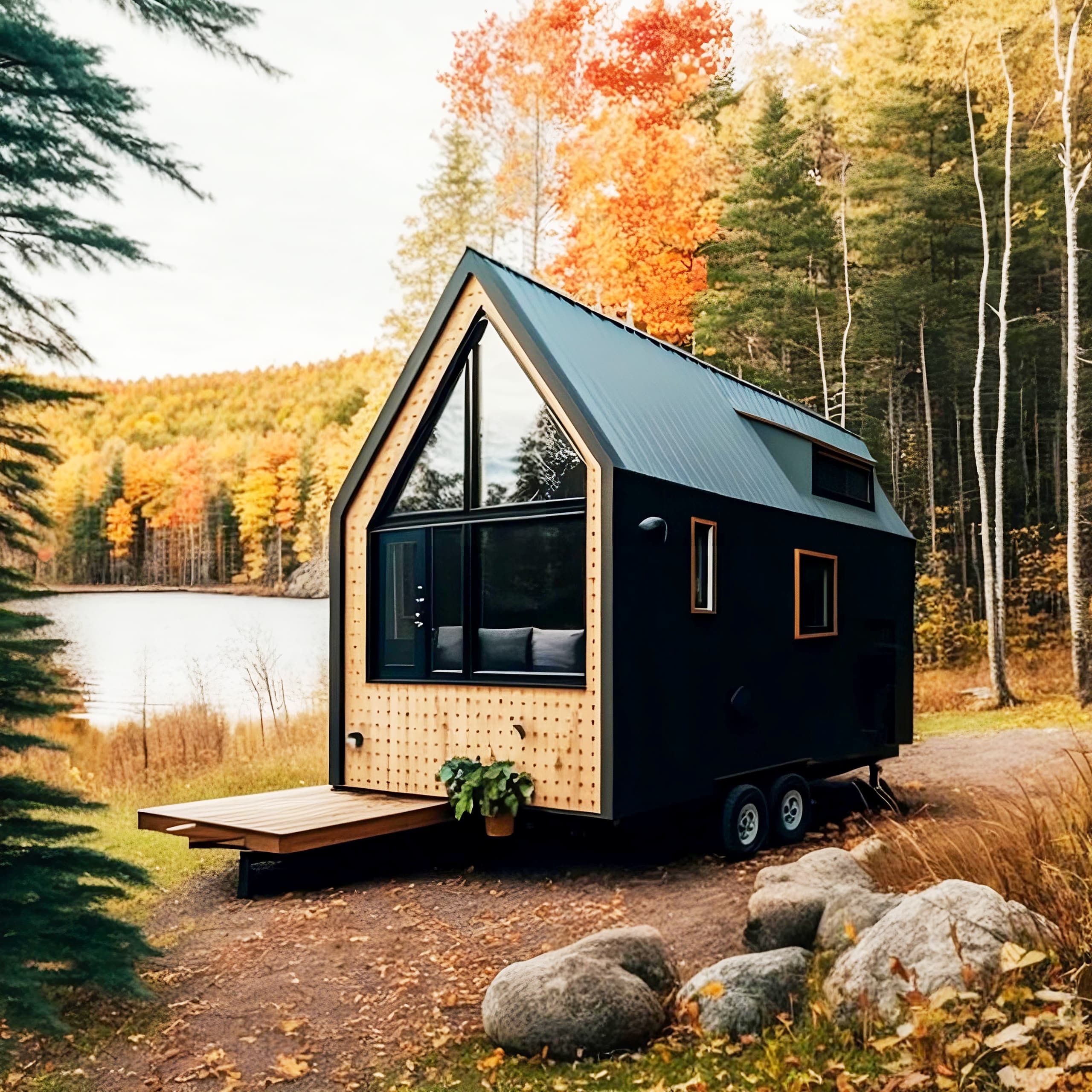 Winziges Tiny Haus auf einem Fahrgestell in extravaganter Form, kleiner Terrasse und großzügigen Fenstern für maximale Lichtausnutzung.