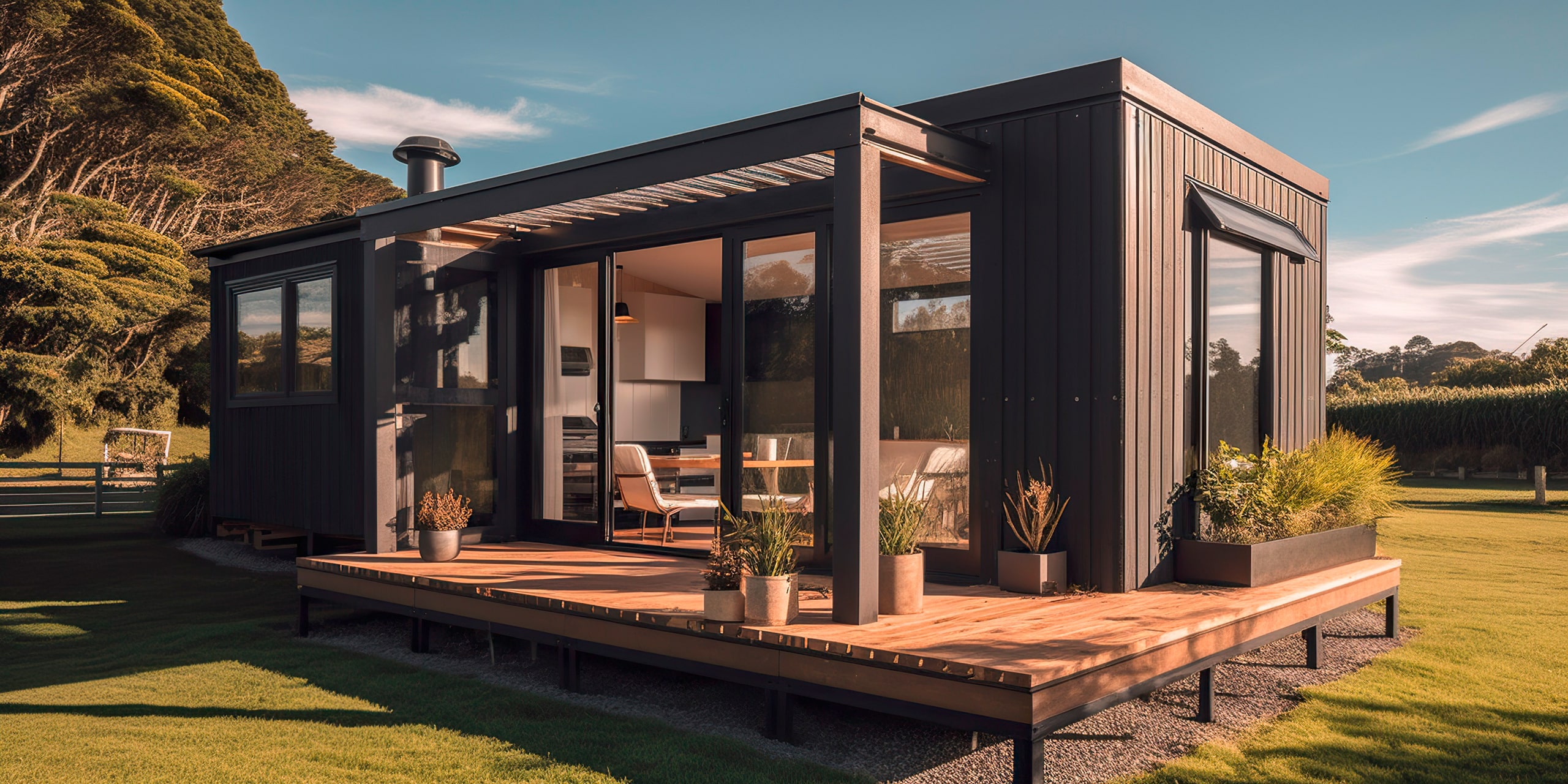 Modernes Minihaus aus einem kleinen Stahlcontainer mit Flachdach, Metallfassade, großen Fensterflächen in einem grünen Garten.