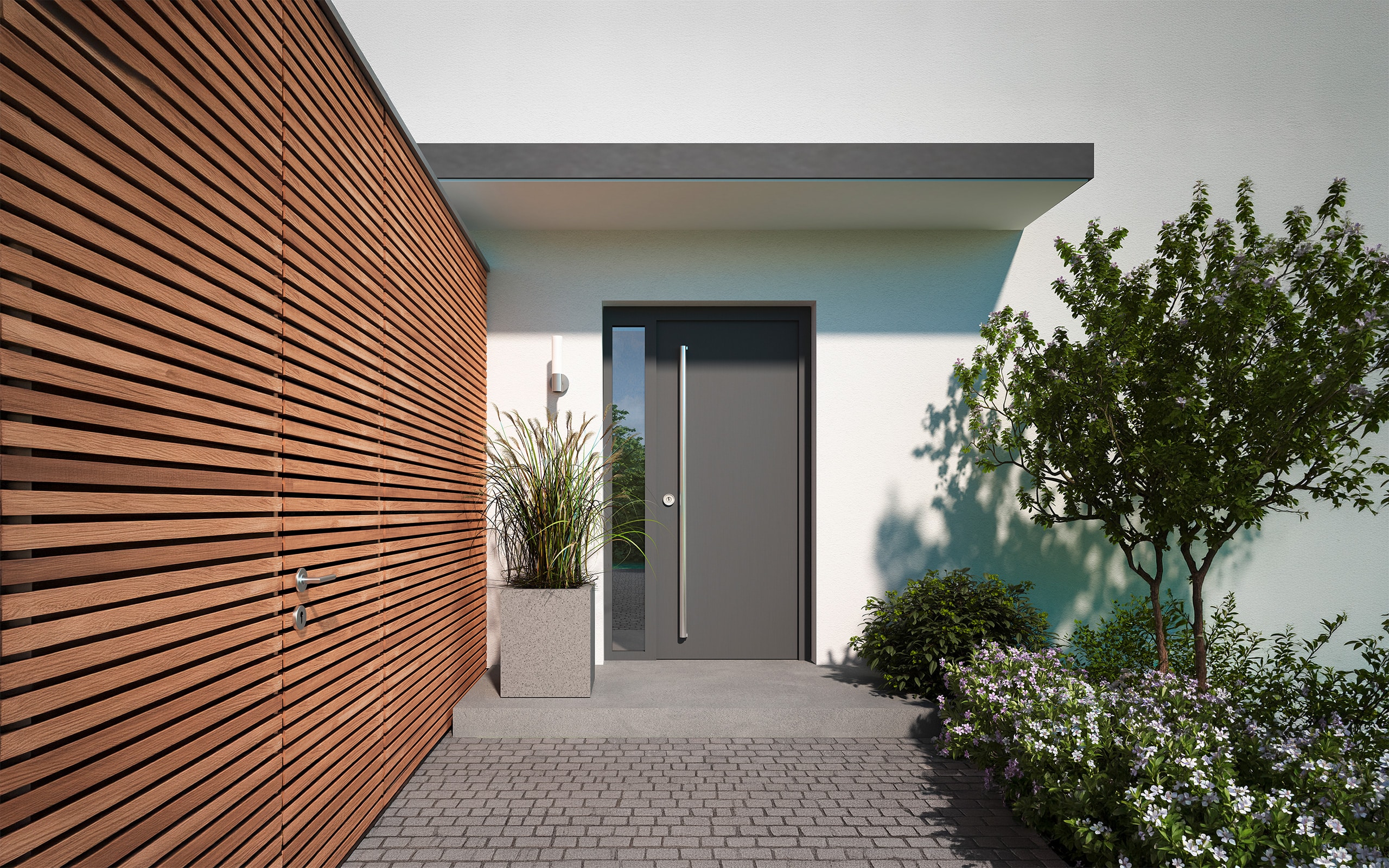 Moderne Eingangstür bzw. Haustür mit großzügigem, minimalistischem Vordach sowie angrenzend eine Fahrradgarage aus Holz. - KI-generiert