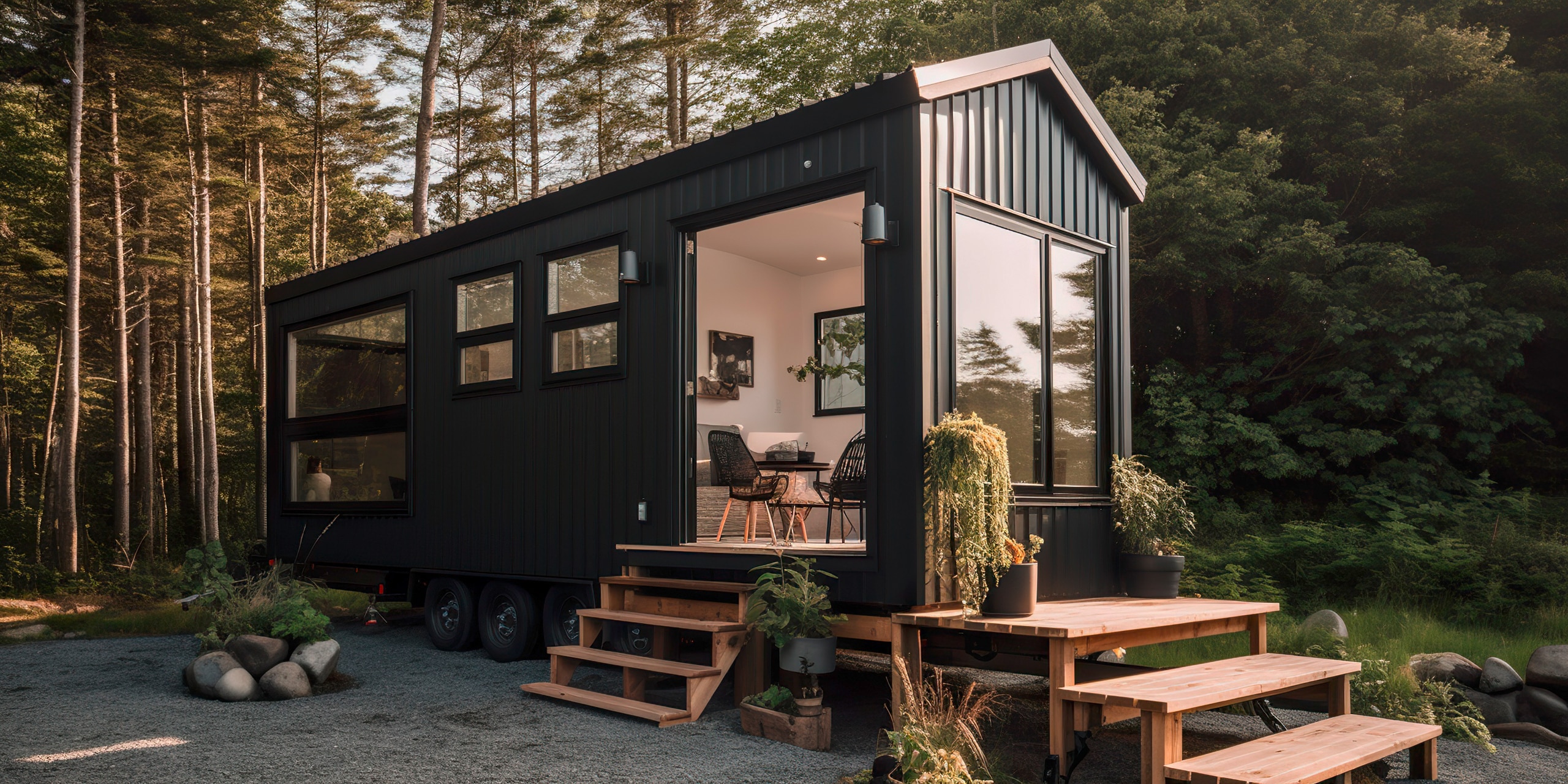 Mobiles Tiny House auf einem Fahrgestell mit lichtdurchflutetem und luftigem minimalistischem Interieur - das perfekte Konzept für platzsparendes Design.