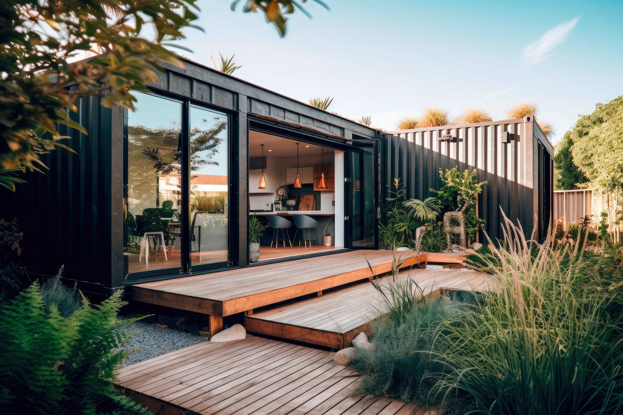 Modernes Containerhaus in L-Form mit Dachterrasse mit breiten Fensterflächen und Holzterrasse mit Stufen.