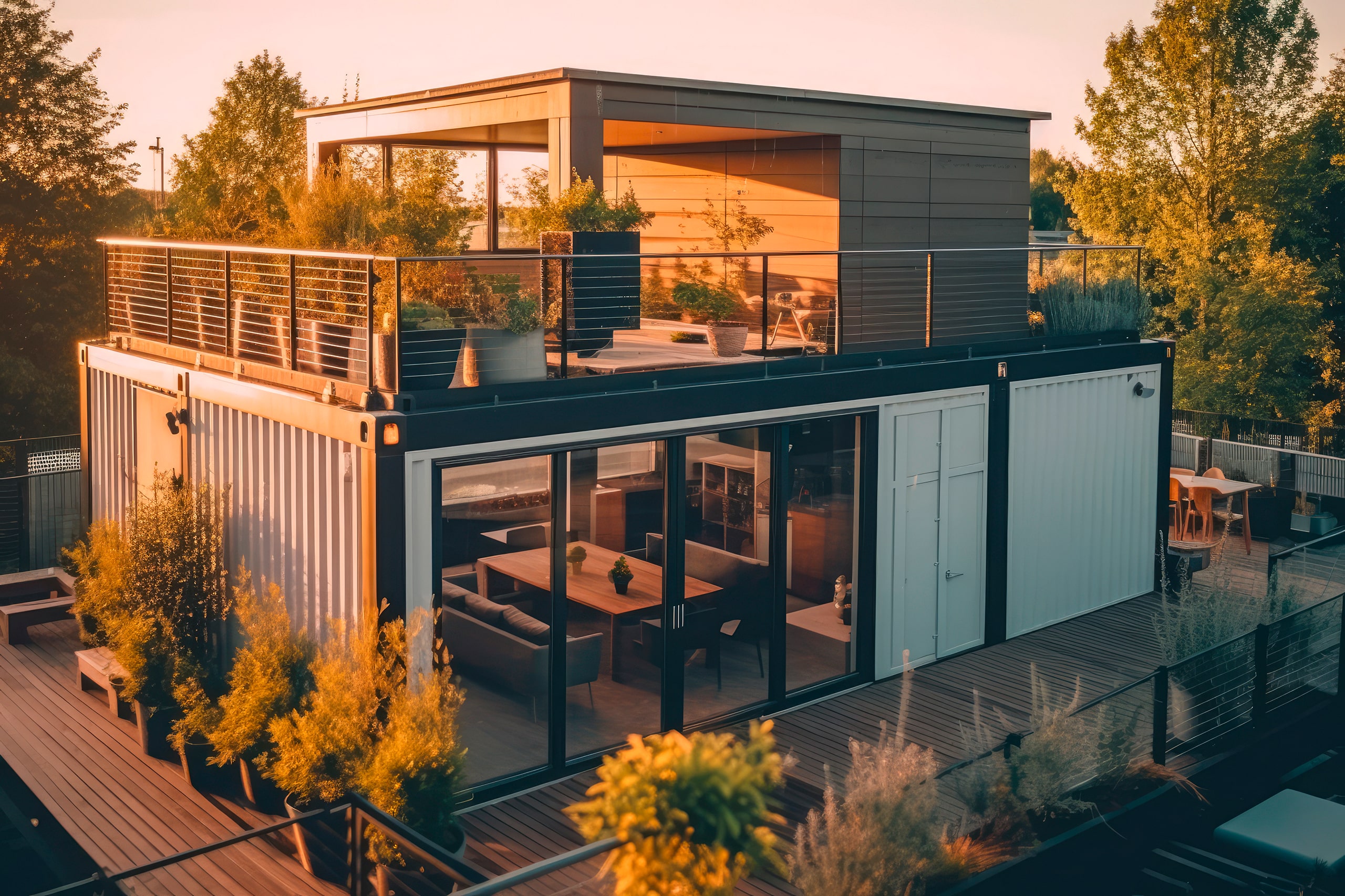 Modernes, zweistöckiges Containerhaus mit Dachterrasse und zahlreichen, großzügigen breiten Fensterflächen in der Abenddämmerung.