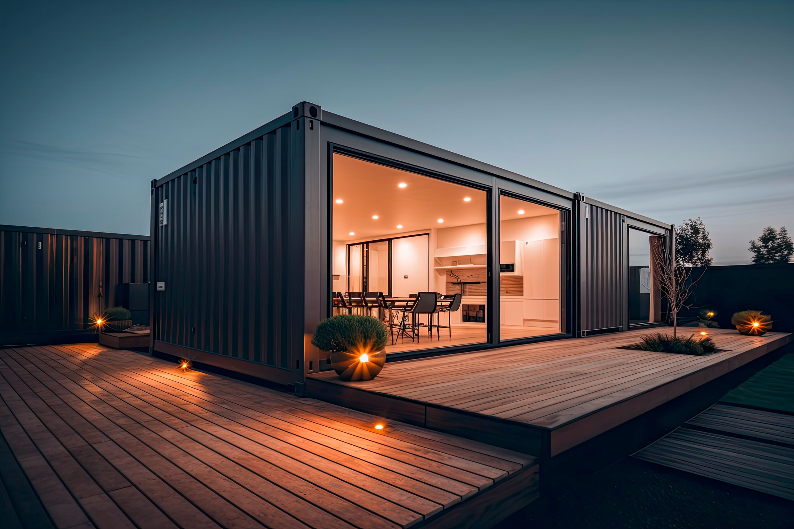 Modernes, minimalistisches Containerhaus in schwarz mit großer Holzterrasse und breiten Fensterflächen in der Abenddämmerung.