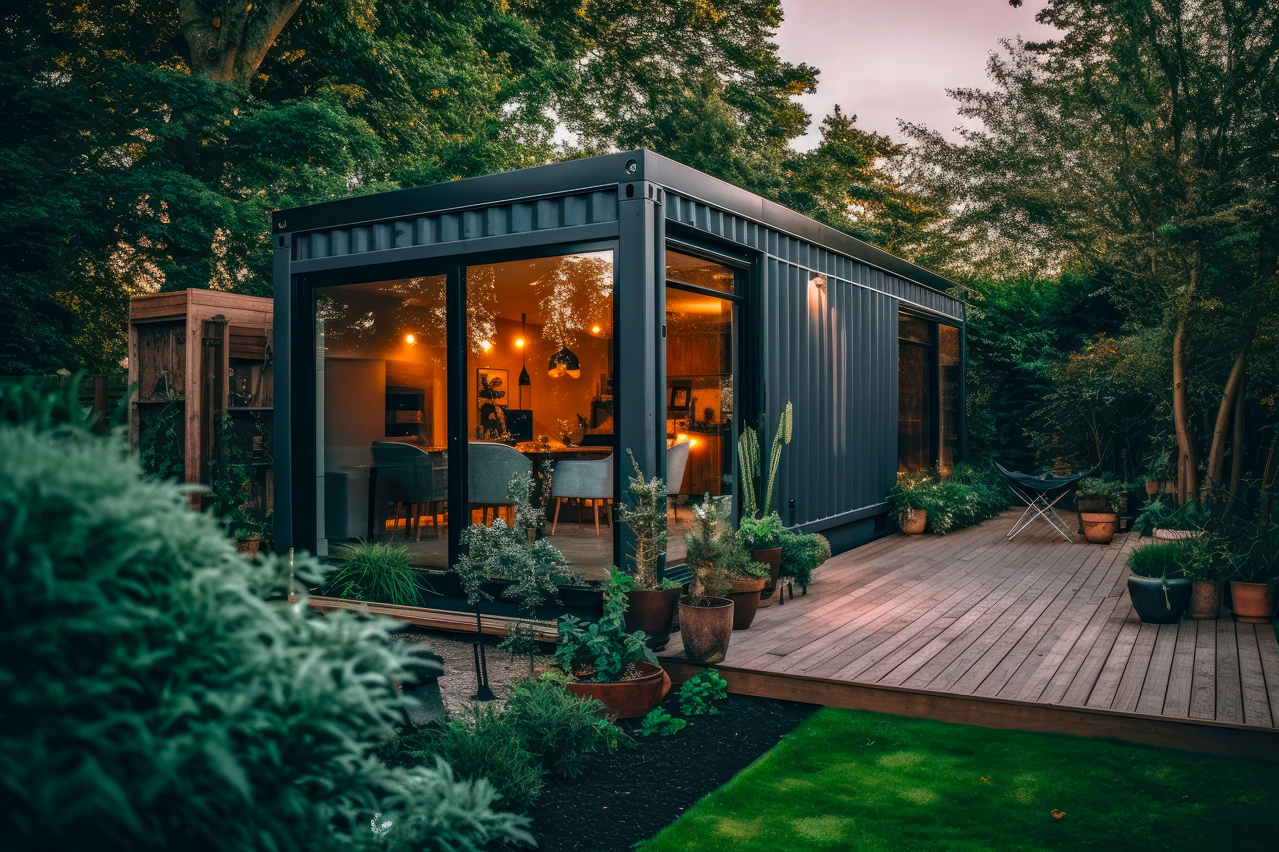 Modernes, minimalistisches Containerhaus in schwarz mit großer Holzterrasse und breiten Fensterflächen in üppiger Natur in der Abenddämmerung.