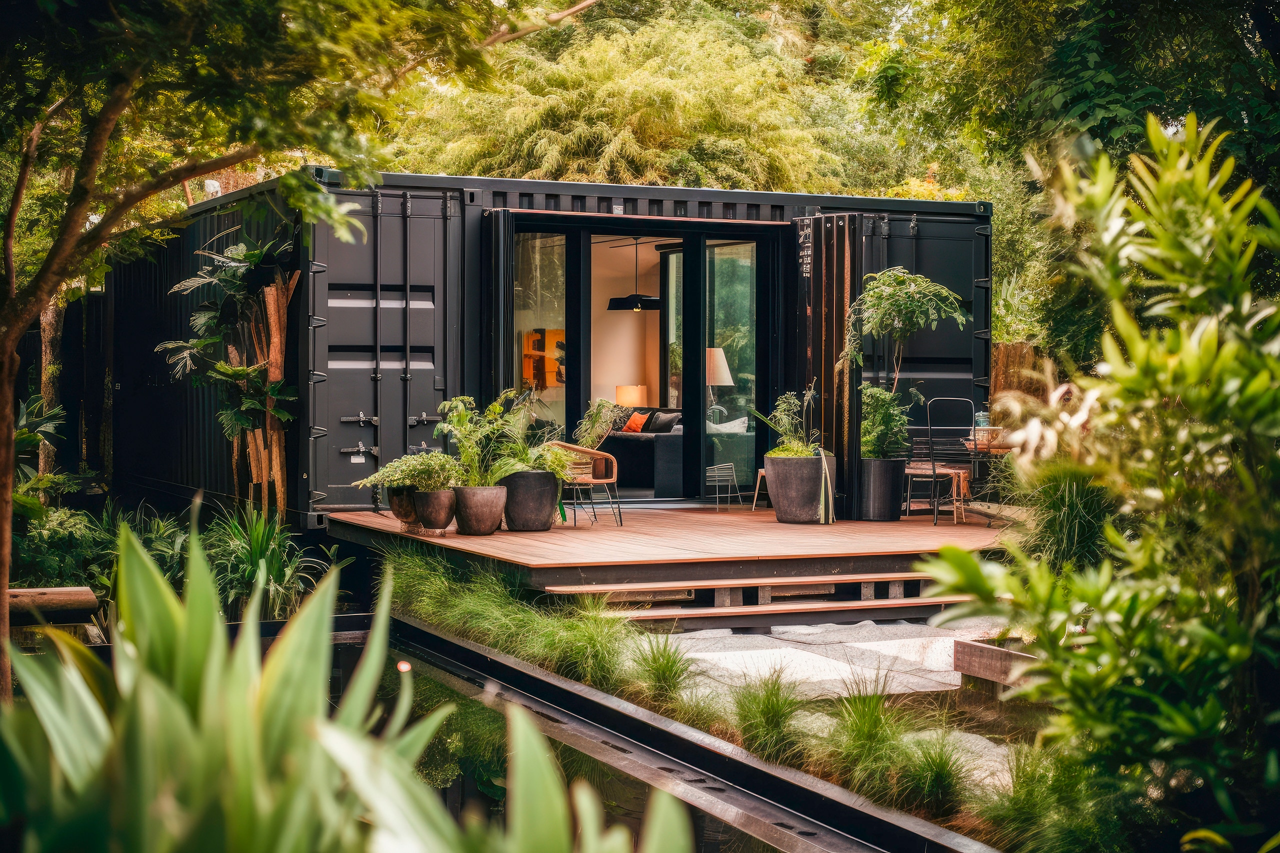 Modernes, minimalistisches Containerhaus in schwarz mit großer Holzterrasse und breiter Terrassentür in üppiger Natur.