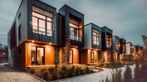 Moderne modulare Reihenhäuser mit dunkler Fassade und färbigem Eingangsbereich in Orange an einem bewölkten Tag.