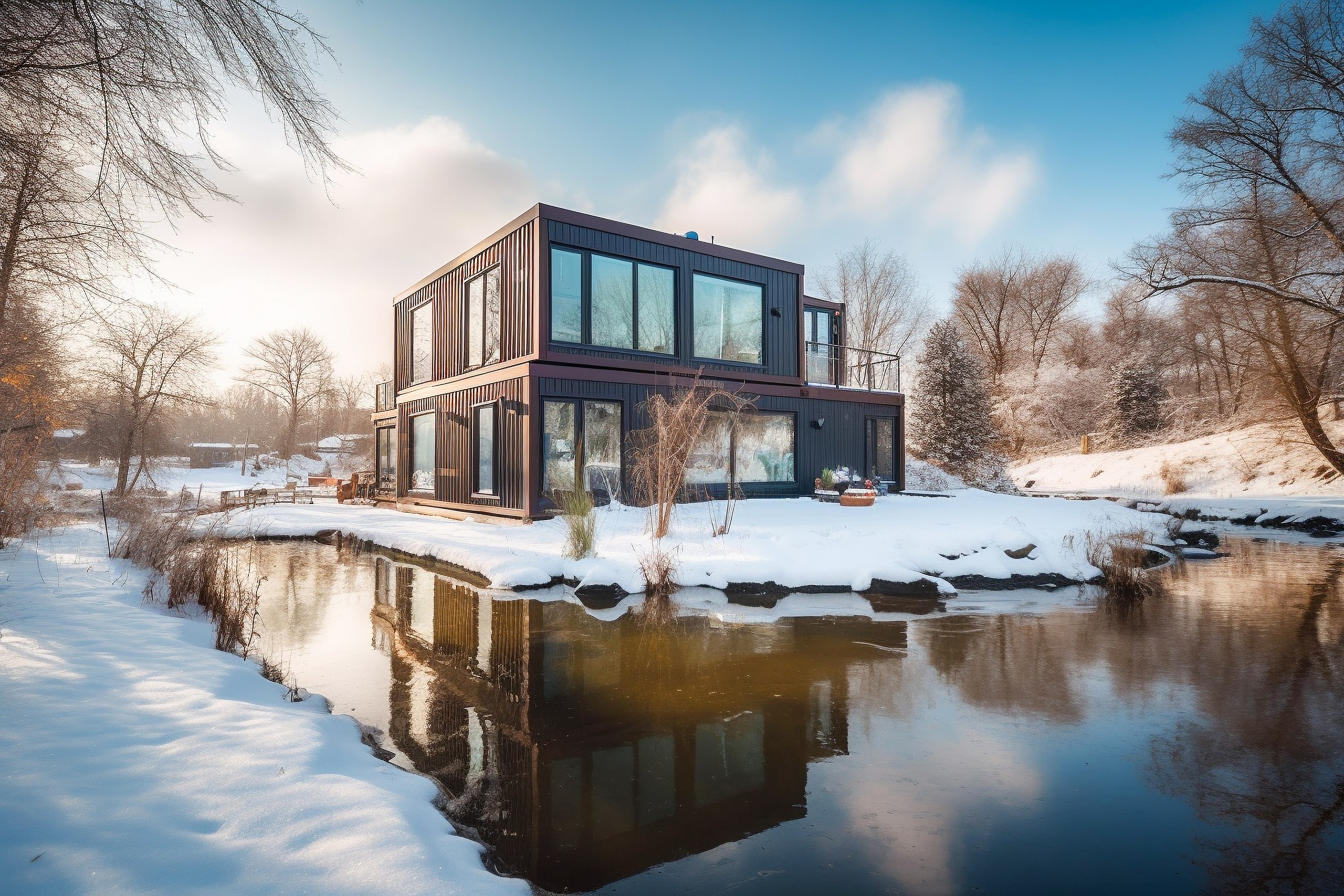 Modernes, zweistöckiges Wohnhaus aus Frachtcontainern mit Balkon und großen Fensterflächen in einer Winterlandschaft am See.