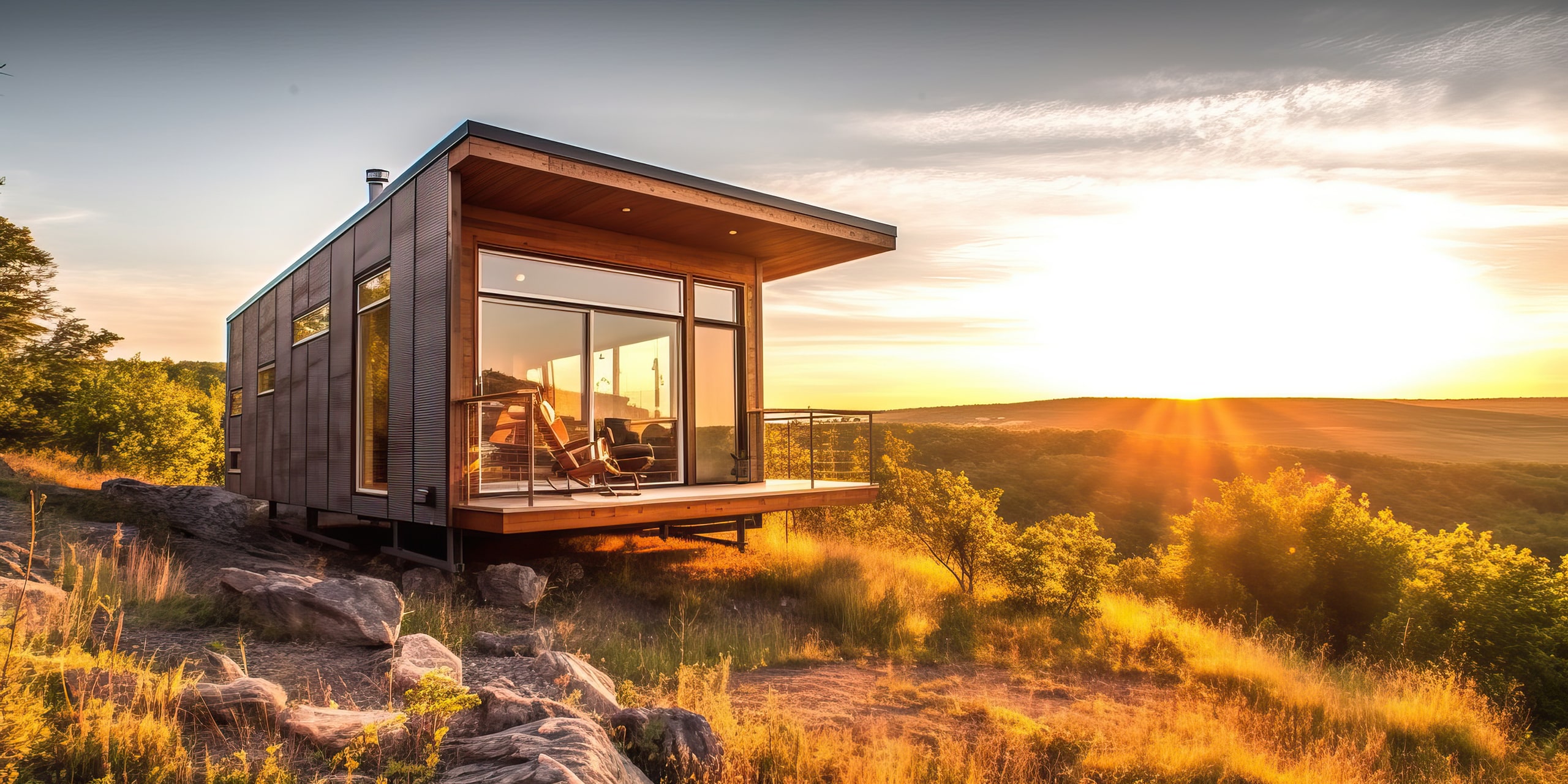 Modernes Tiny House in extravagantem Design mit großen Fensterflächen und Terrasse in der Abendstimmung mit Blick über die Landschaft.