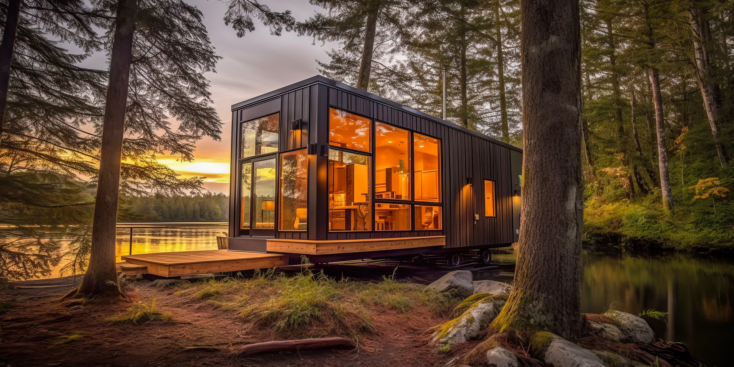 Modernes Tiny House aus einem kleinen Stahlcontainer in schlichtem Design mit großen Fensterflächen und Terrasse in der Abendstimmung am See.