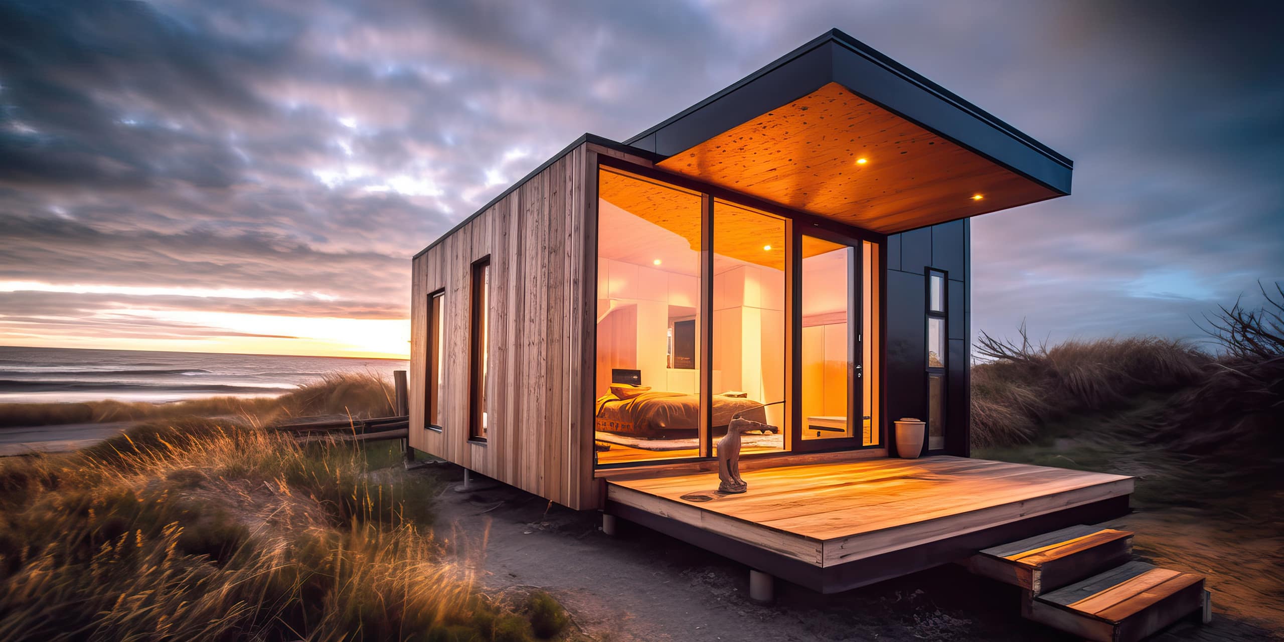 Modernes Tiny House in außergewöhnlichem Kubus-Design, großen Fensterflächen, Vordach über der Terrasse in der Abendstimmung am Meer.