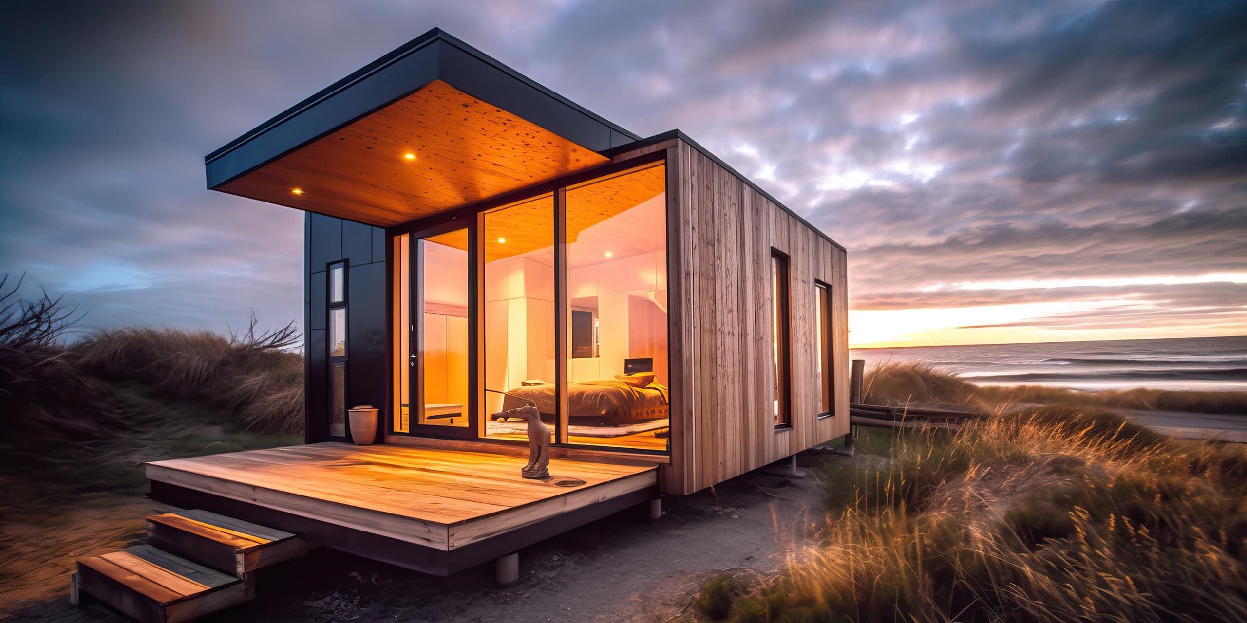Modernes Tiny House in außergewöhnlichem Kubus-Design, großen Fensterflächen, Vordach über der Terrasse in der Abendstimmung am Meer.