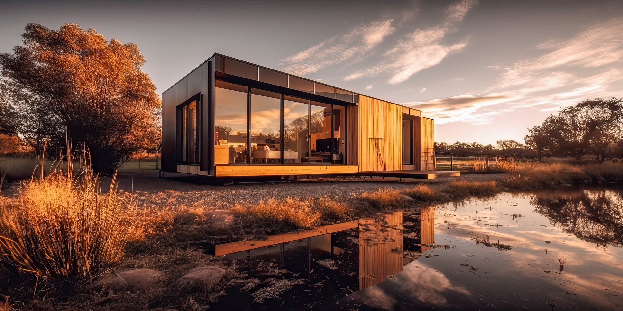 Modernes Luxus-Mobilheim mit Holzfassade, großzügigen Fensterflächen und Flachdach an einem See in Abendstimmung.