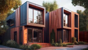 Moderne Reihenhäuser in modularer Bauweise mit Holzfassade und Spenglerarbeiten aus Metall.