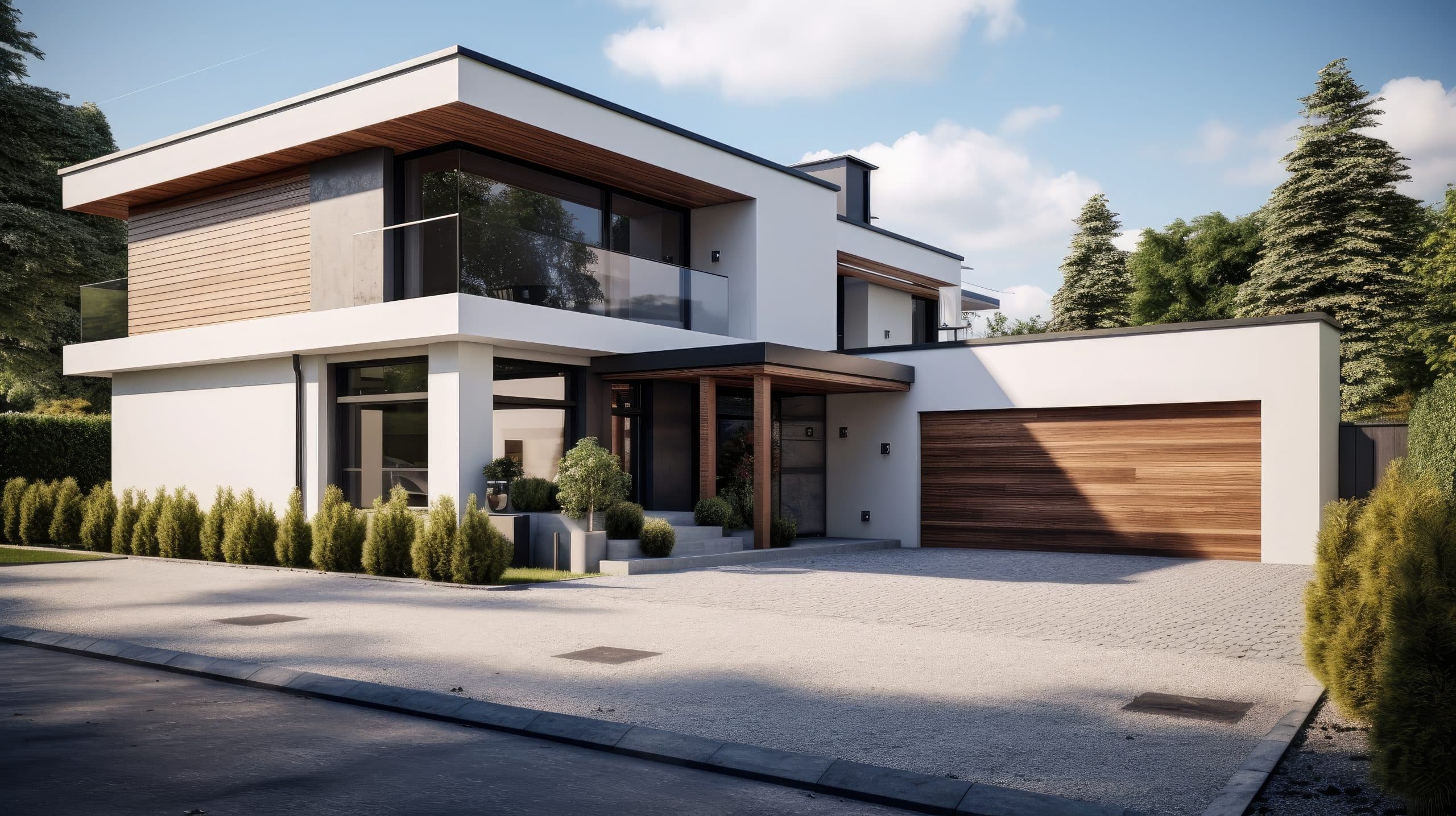 Cottage mit moderner und luxuriöser Garage mit Auffahrt und Sektionaltor mit Holz-Oberfläche.