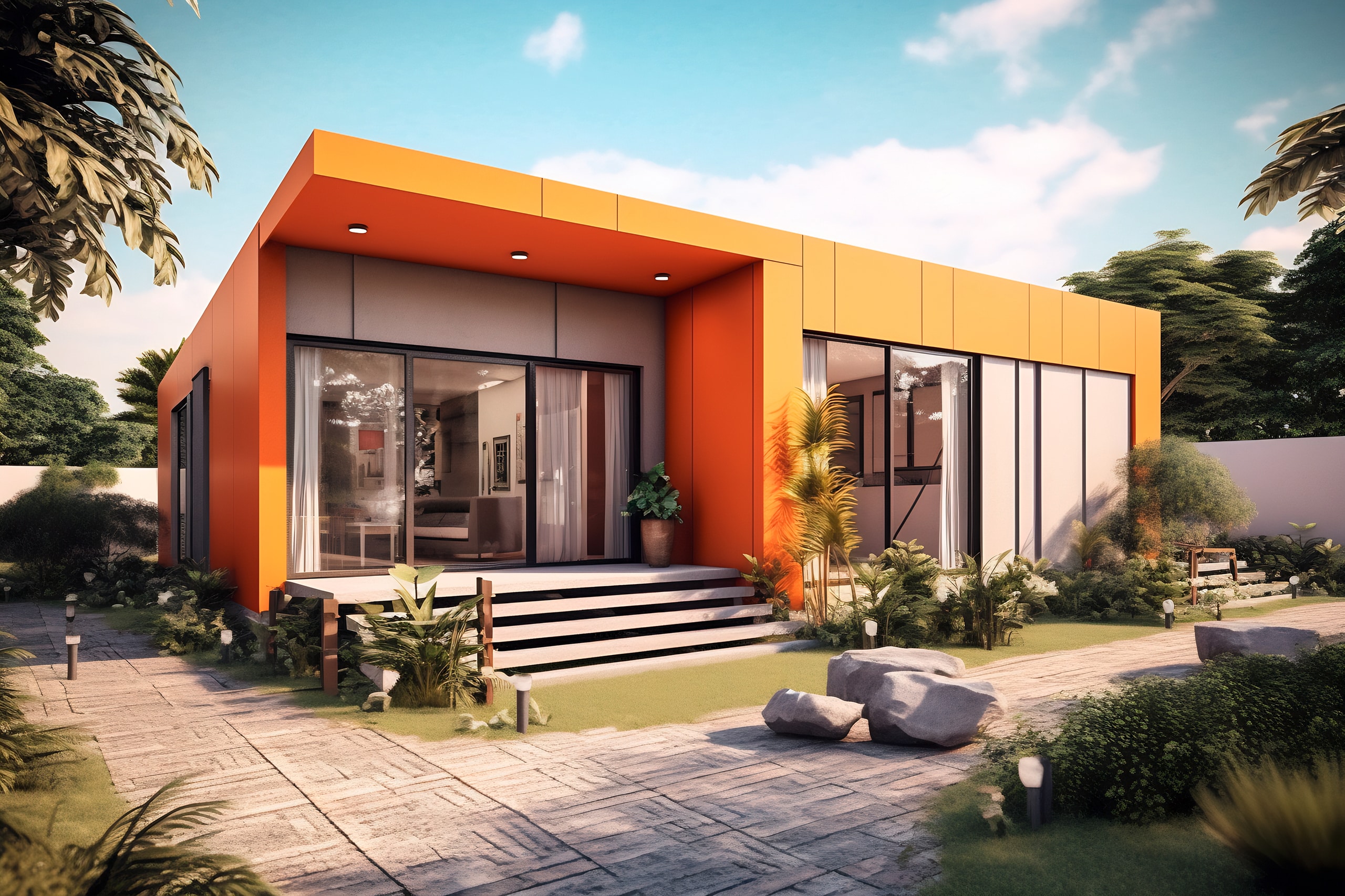 Modernes orangefarbenes Würfelhaus in modularer Bauweise im Sommer mit blauem Himmel.