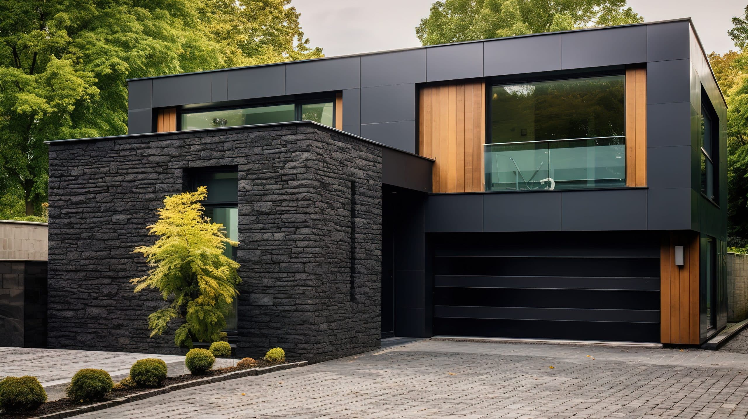 Modernes, minimalistisch schwarzes Privathaus mit Steinfliesen als partielle Fassadenverkleidung. Wohnarchitektur mit kubischem Design.