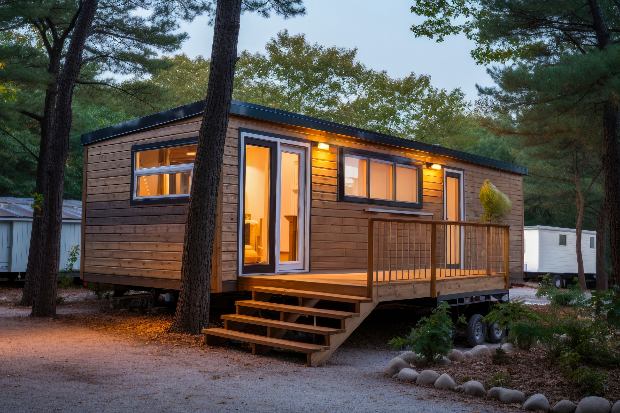 Minimalistisches Mobile Home mit Holzfassade und großem Verandabereich als Ferienhaus.