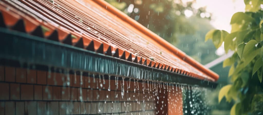 Starker Regen fällt auf die Eindeckung eines roten Daches. Das Regenwasser läuft in Strömen über die Dachrinne.