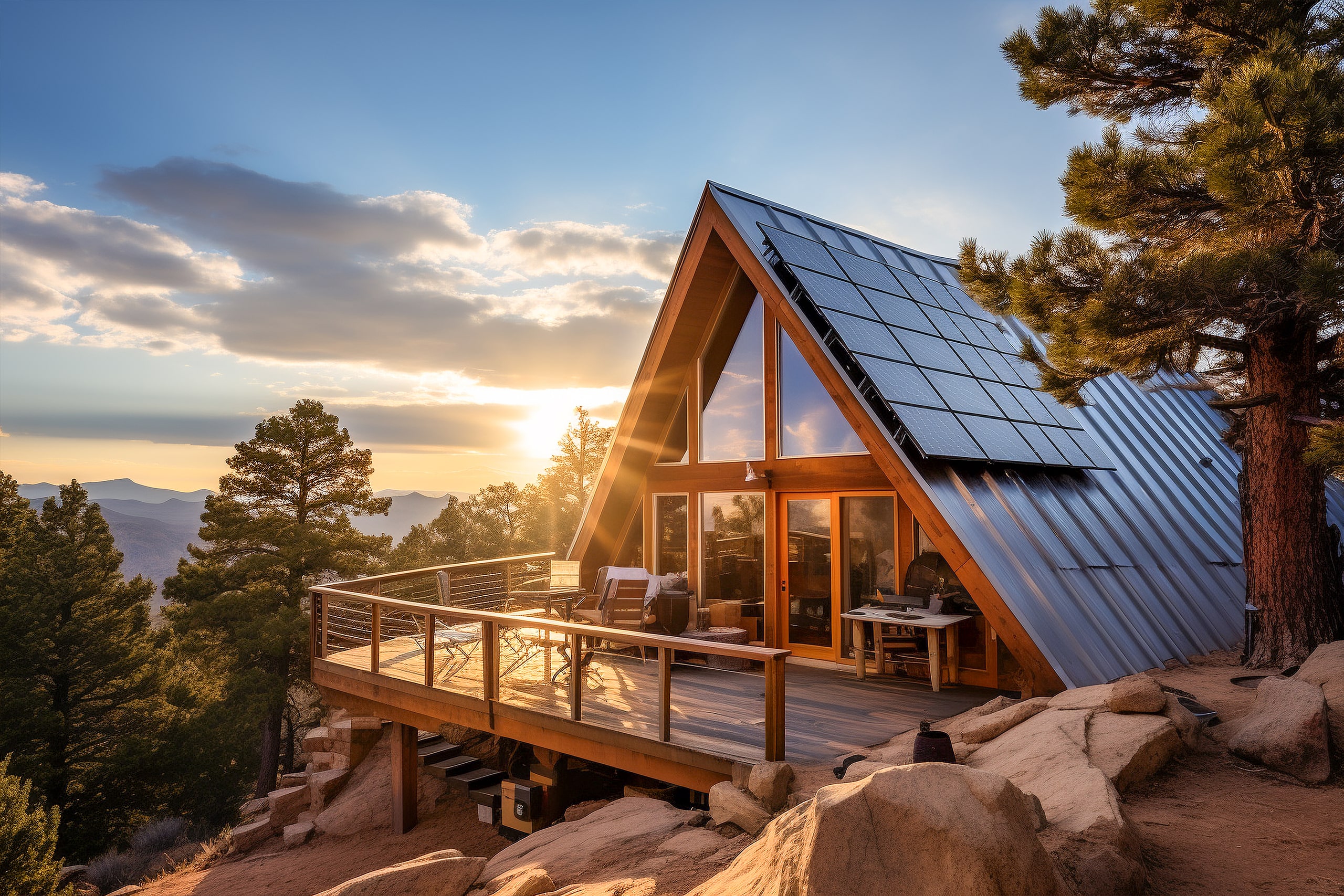 Modernes, gemütliches Holzblockhaus mit Sonnenkollektoren auf dem Dach, dass bis zum Boden ragt. Nachhaltige und saubere Energie in einem neuen umweltfreundlichen Zuhause.