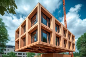 Holzmodule für ein Wohngebäude in modularer Fertigbauweise werden auf einer Baustelle mit dem Kran angeliefert, um am Zielgrundstück installiert zu werden.