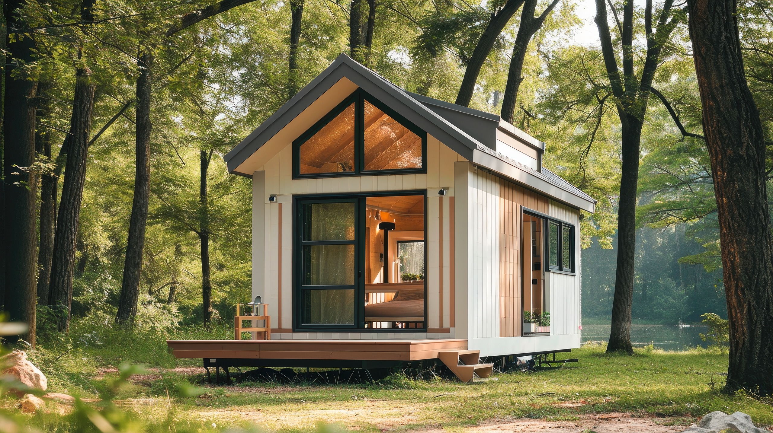 Entzückendes Tiny House mit Satteldach und weißer Holzfassade, kleinem Terrassenbereich und großzügigen Fensterflächen inmitten herrlicher Natur mit See im Hintergrund.