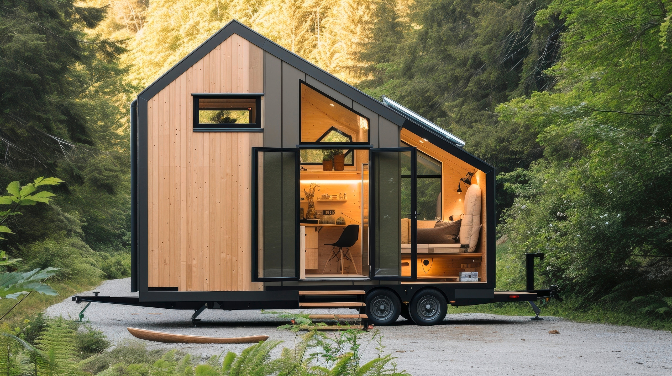 Mobiles Reisen mit dem kleinen Tiny Haus in extravaganter Bauform auf einem Fahrgestell als kompaktes Minihaus auf Rädern.