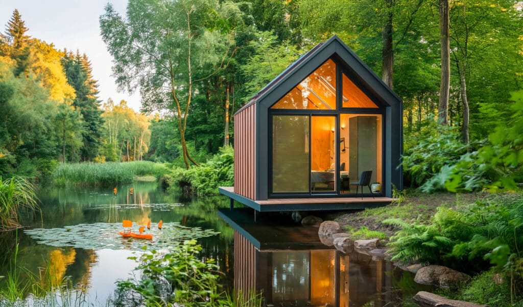 Kleines Tiny House im lichtdurchfluteten Wald direkt am Ufer eines kleines Sees mit Schild und Seerosen bei Sonnenuntergang am Abend.