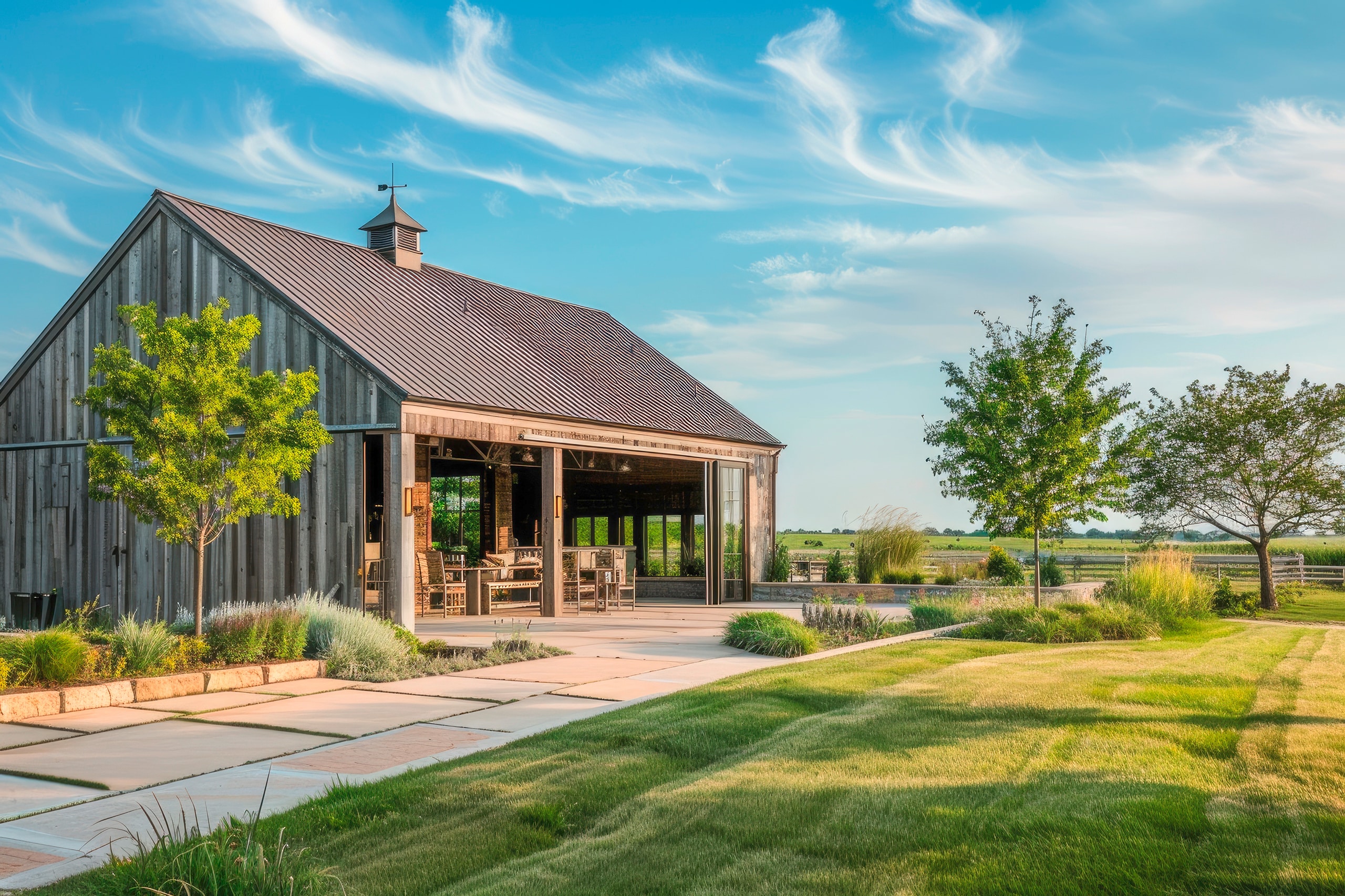 Moderne Architektur im ländlichen Scheunen-Design mit Holzfassade aus verwitterter Lärche und großzügiger Terrasse, umgeben von Wiesen und Feldern.