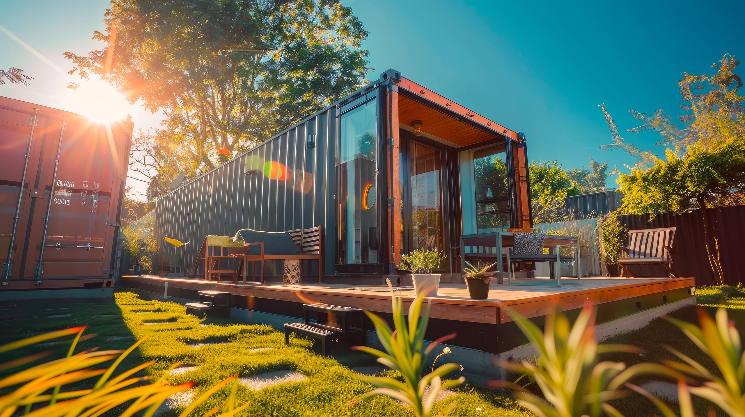 Modernes Containerhaus, kleines Haus an sonnigen Tagen. Containerhäuser sind nachhaltige, umweltfreundliche Wohnunterkünfte oder Ferienhäuser.