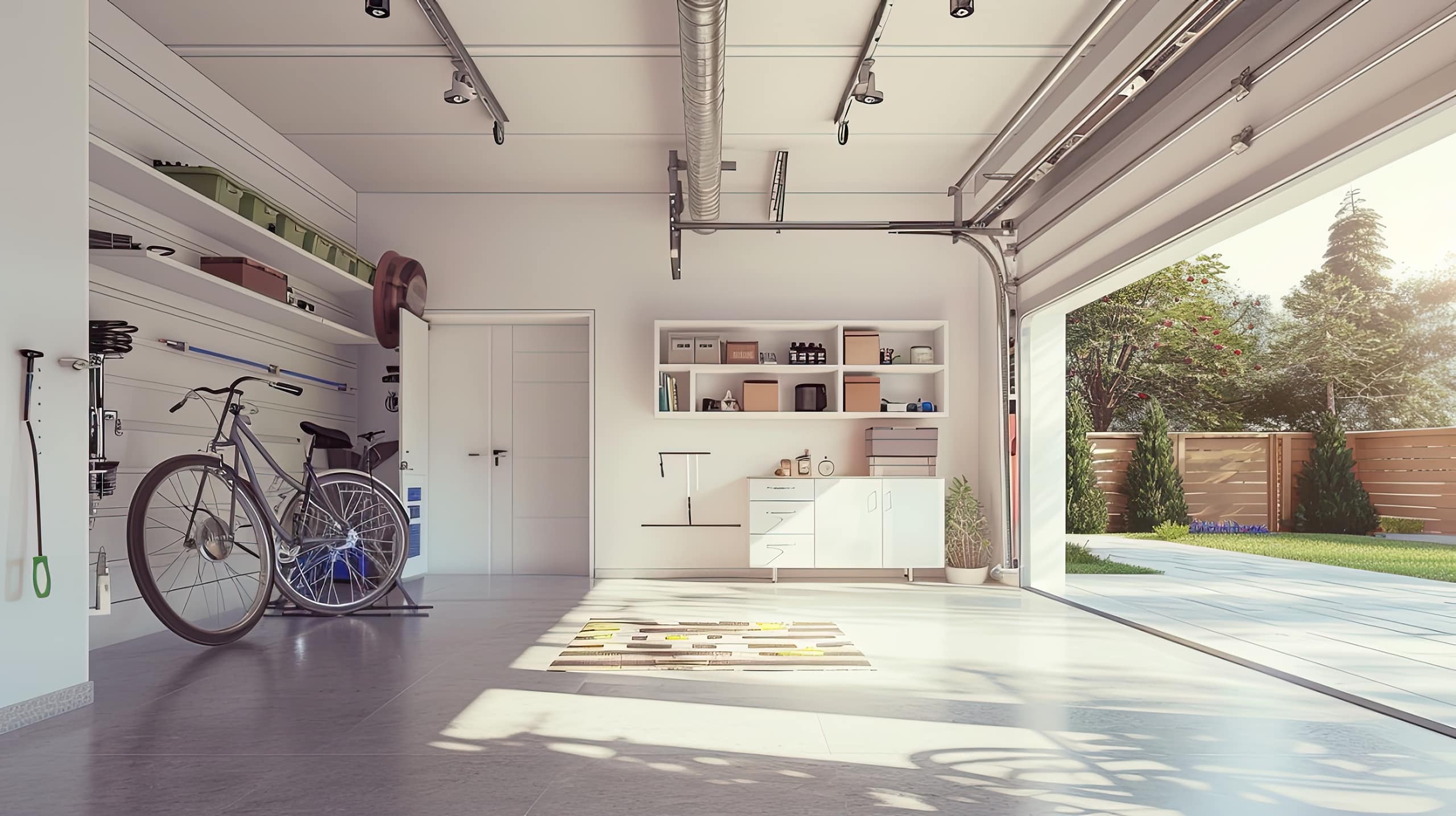 Strukturierter Innenraum einer großzügigen Doppelgarage mit geöffnetem Garagentor und integrierter Tür zum Wohnhaus.