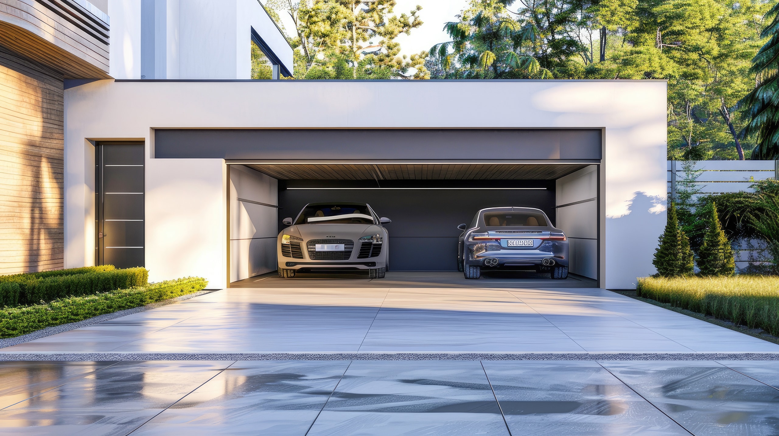Angebaute Garage für zwei Autos eines Vorstadthauses mit zwei Fahrzeugen und sauberem, aufgeräumtem Innenraum.