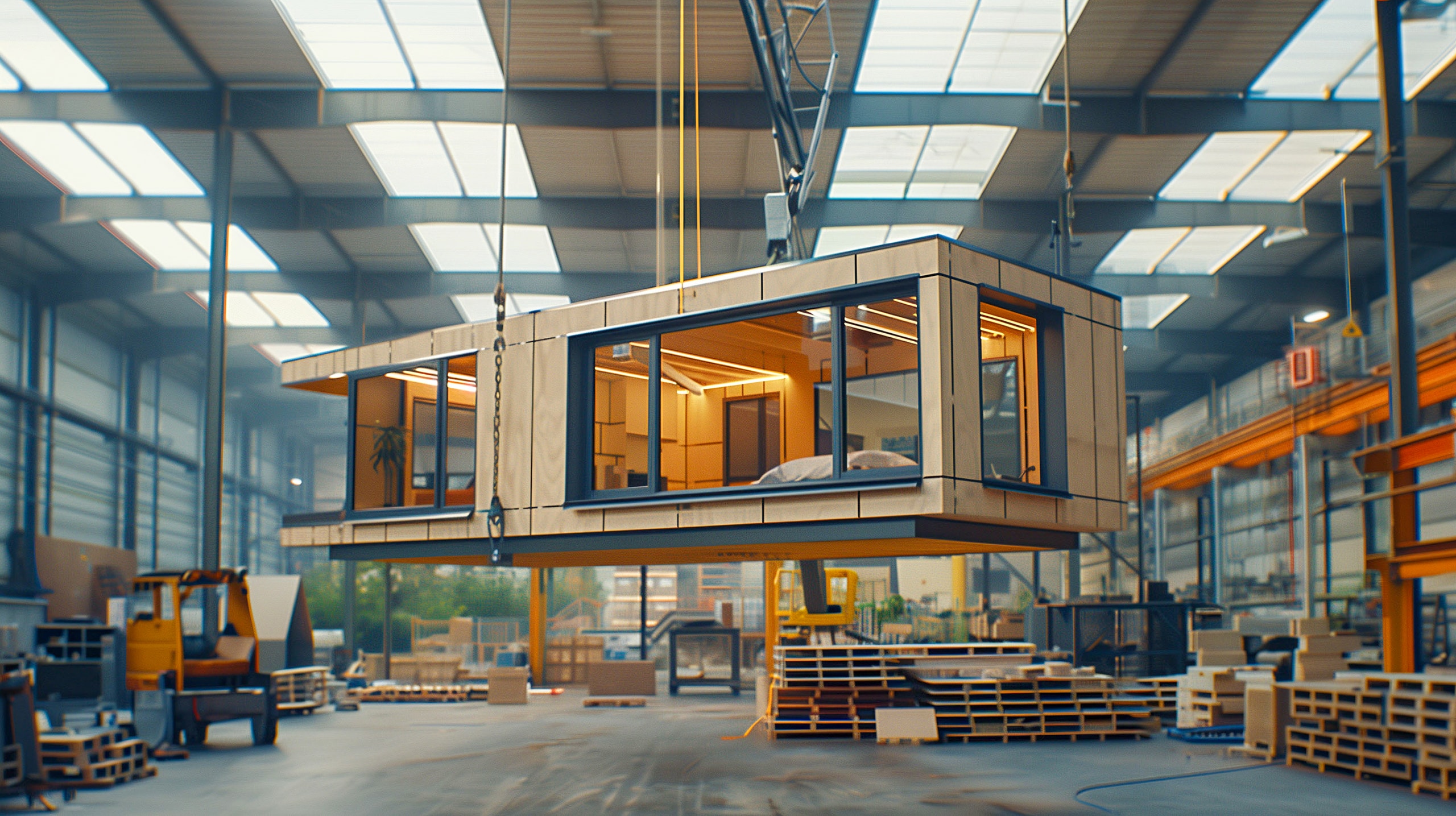 Fertighaus in modularer Bauweise wird im Werk von einem beweglichen Kran angehoben.