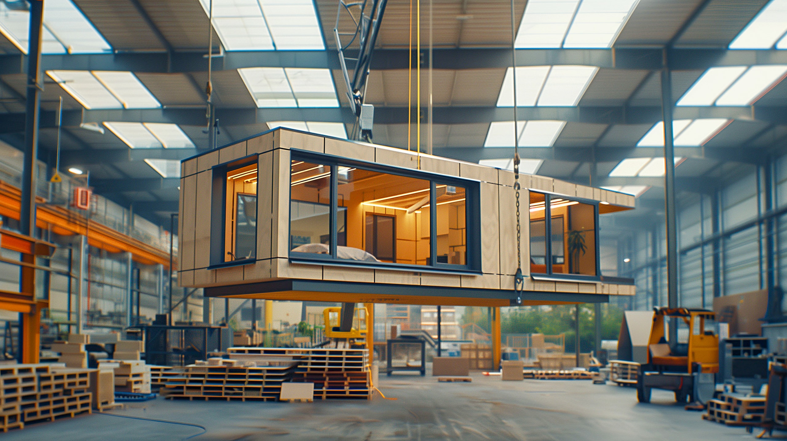 Fertighaus in modularer Bauweise wird im Werk von einem beweglichen Kran angehoben.