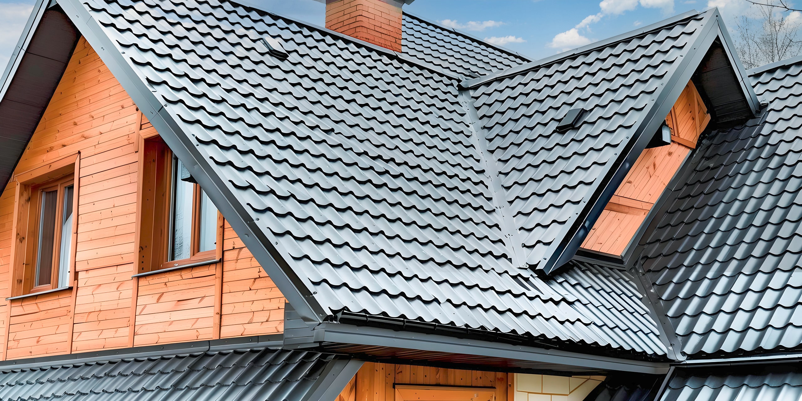 Nahaufnahme glasierter Tondachziegel auf einem Haus mit anspruchsvollem Dachstuhl.