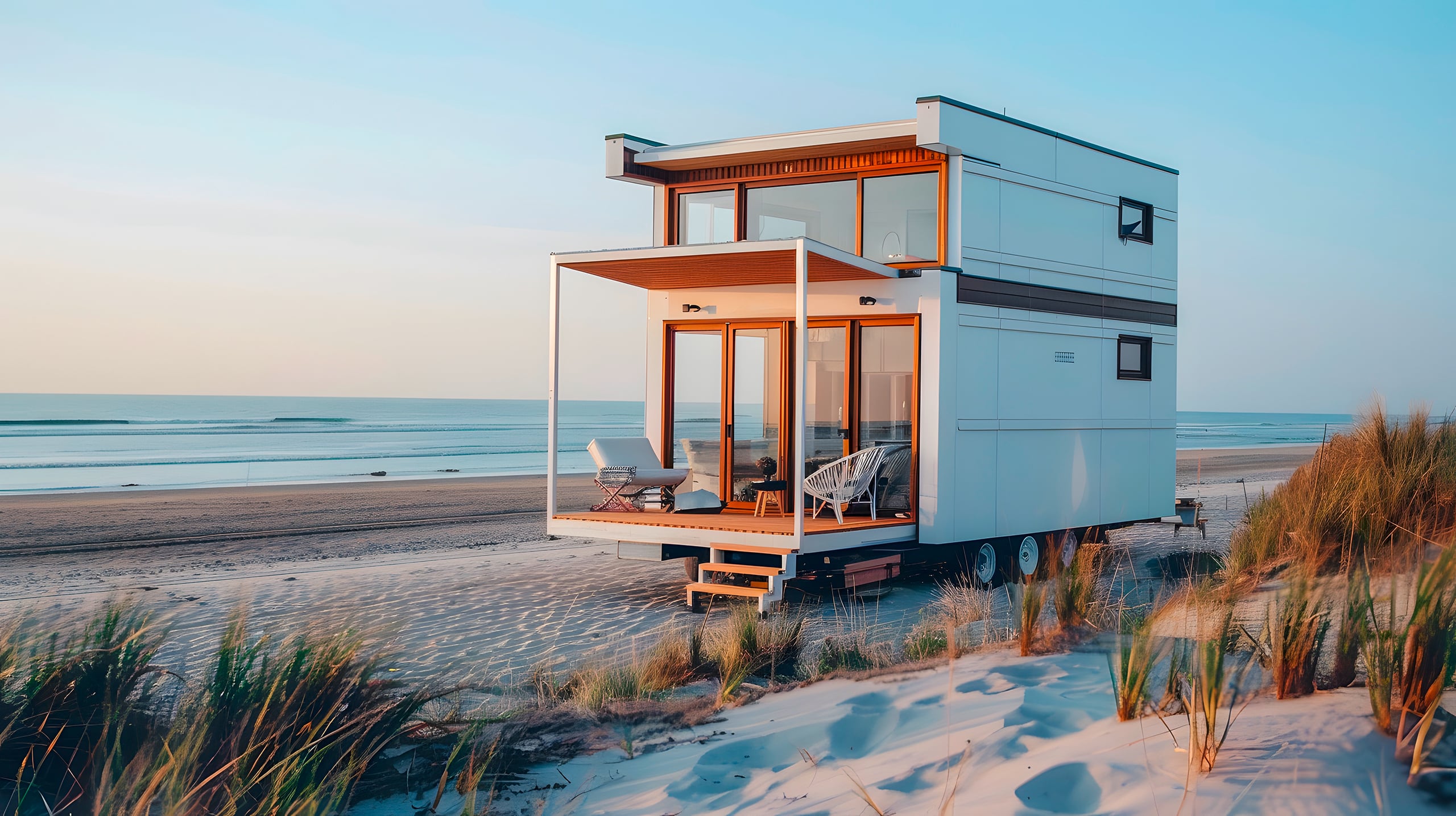 Modernes, zweistöckiges Tyni Haus auf einem Fahrgestell mit kleinem Terrassenbereich am Strand m it Blick auf das Meer in Abenddämmerung.