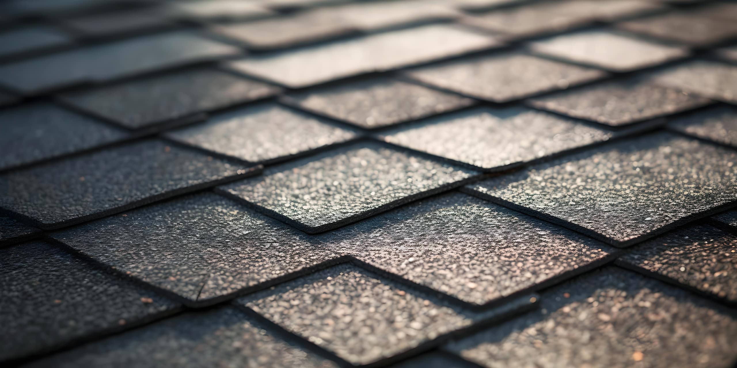 Detailfoto eines mit Asphaltschindeln bzw. Bitumenschindeln verlegten Daches.