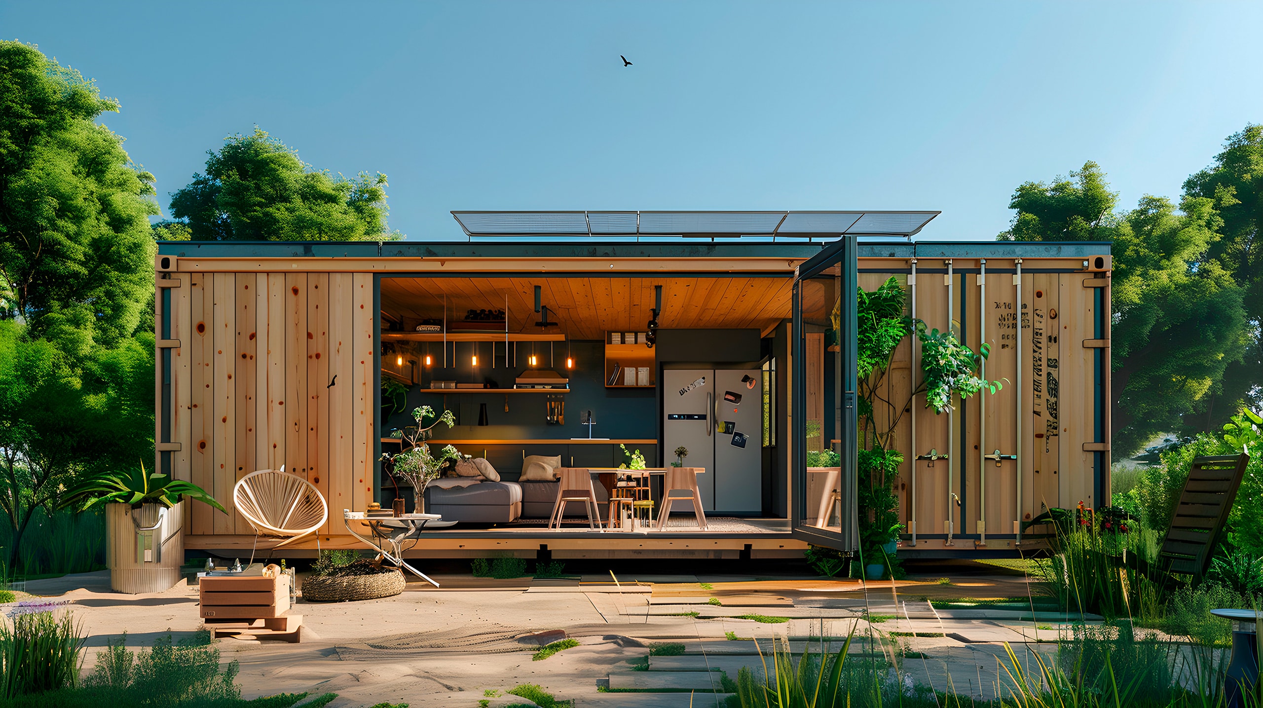 Moderner Wohncontainer in Holzoptik, Solarpaneelen am Dach und geöffneter, breiter Terrassentür.
