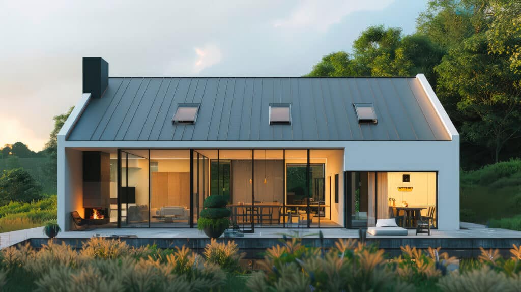 Minimalistisches, modernes Bauernhaus mit elegantem Satteldach und großen Glasfenstern und -türen sorgt für ein helles, luftiges Ambiente, ergänzt durch eine ruhige Naturlandschaft.